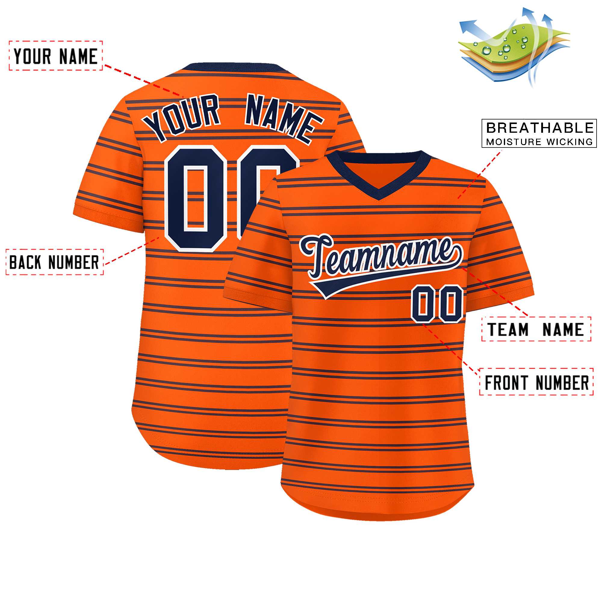 Custom Orange Navy Personalized Horizontal Stripe Authentic Pullover Baseball Jersey