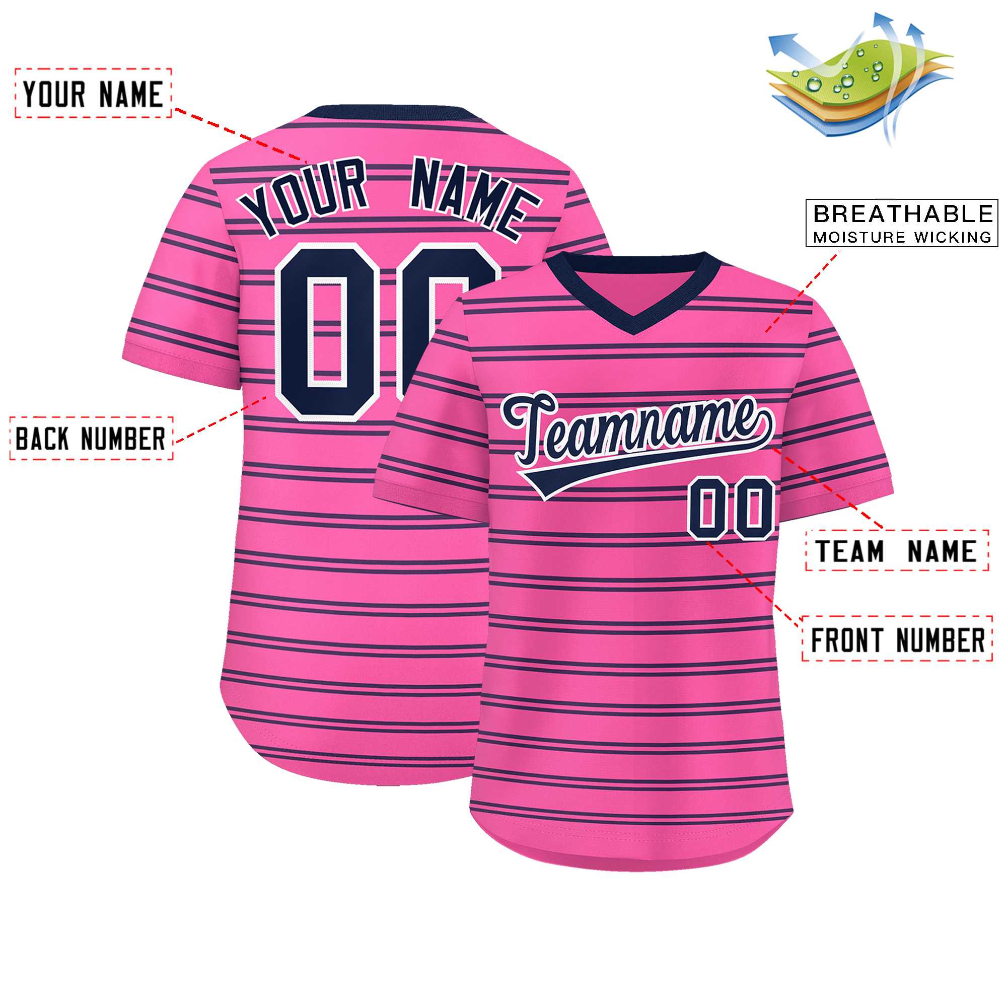 Custom Pink Navy Personalized Horizontal Stripe Authentic Pullover Baseball Jersey