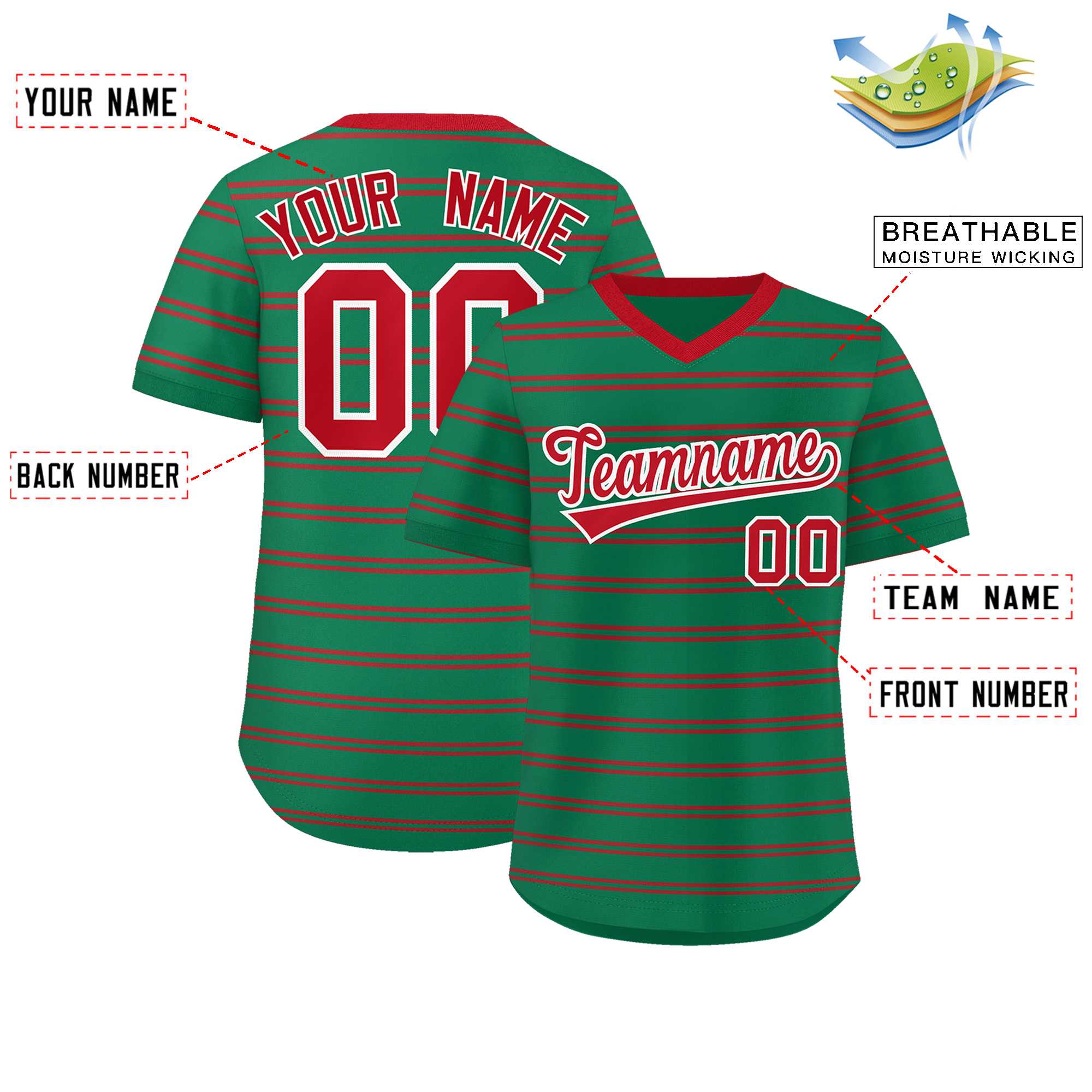 Custom Kelly Green Red Personalized Horizontal Stripe Authentic Pullover Baseball Jersey