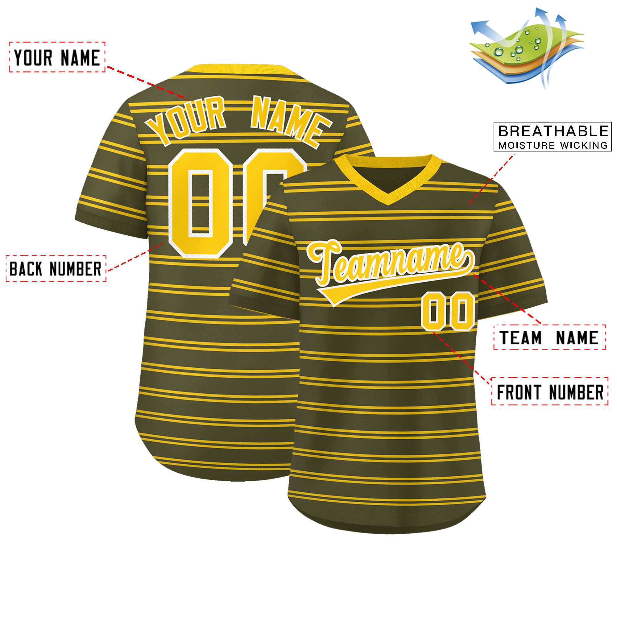 Custom Olive Gold Personalized Horizontal Stripe Authentic Pullover Baseball Jersey