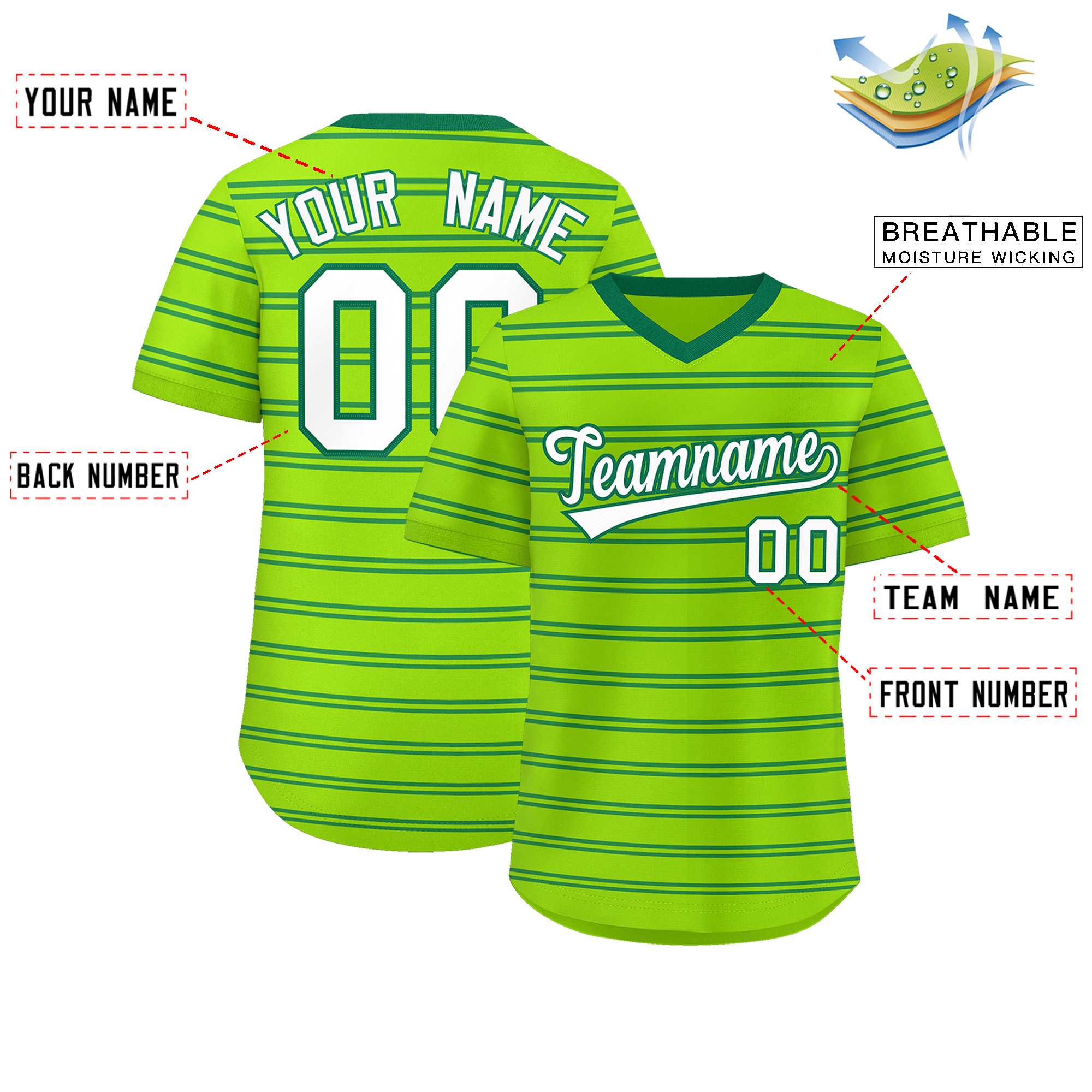 Custom Neon Green Kelly Green Personalized Horizontal Stripe Authentic Pullover Baseball Jersey