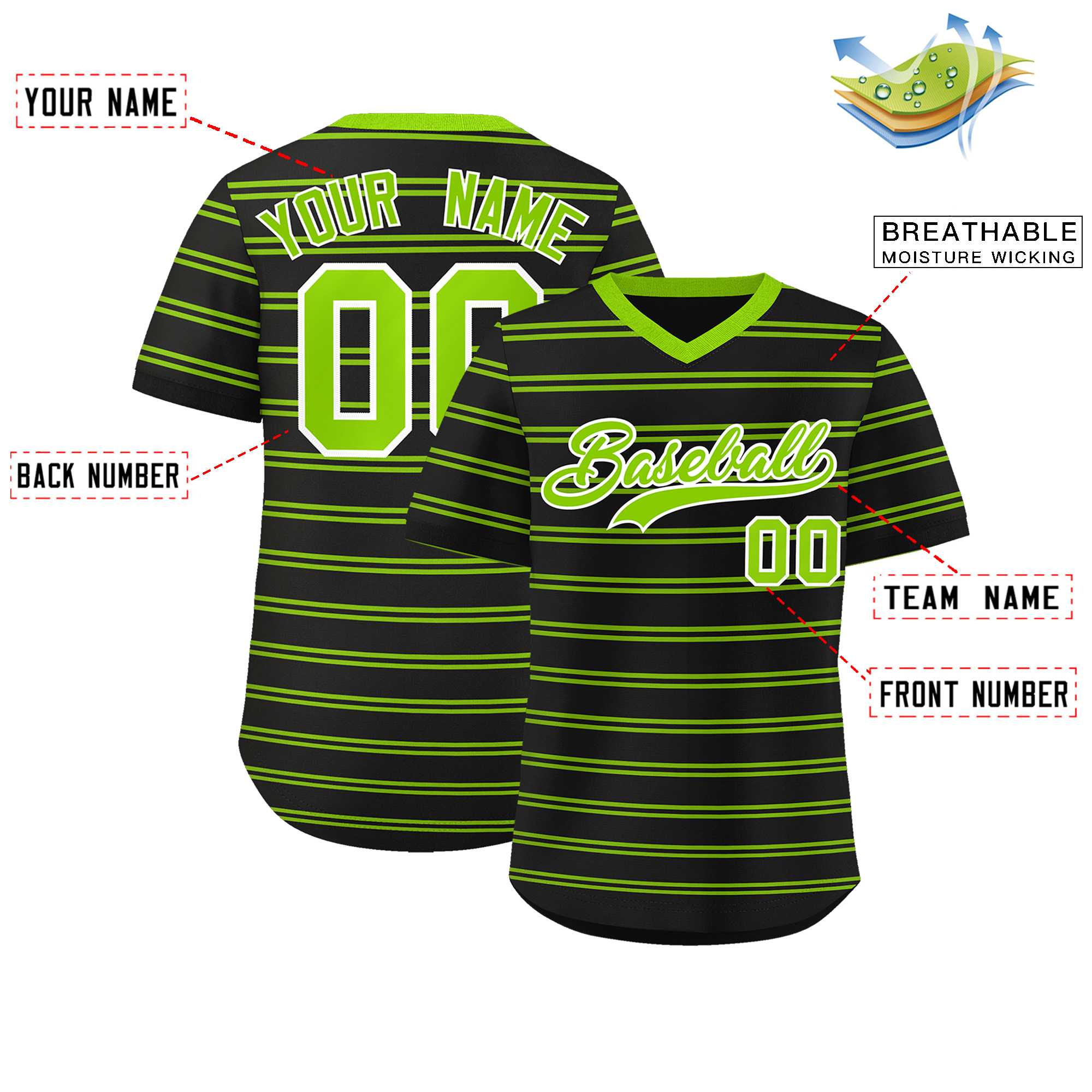 Custom Black Neon Green Personalized Horizontal Stripe Authentic Pullover Baseball Jersey