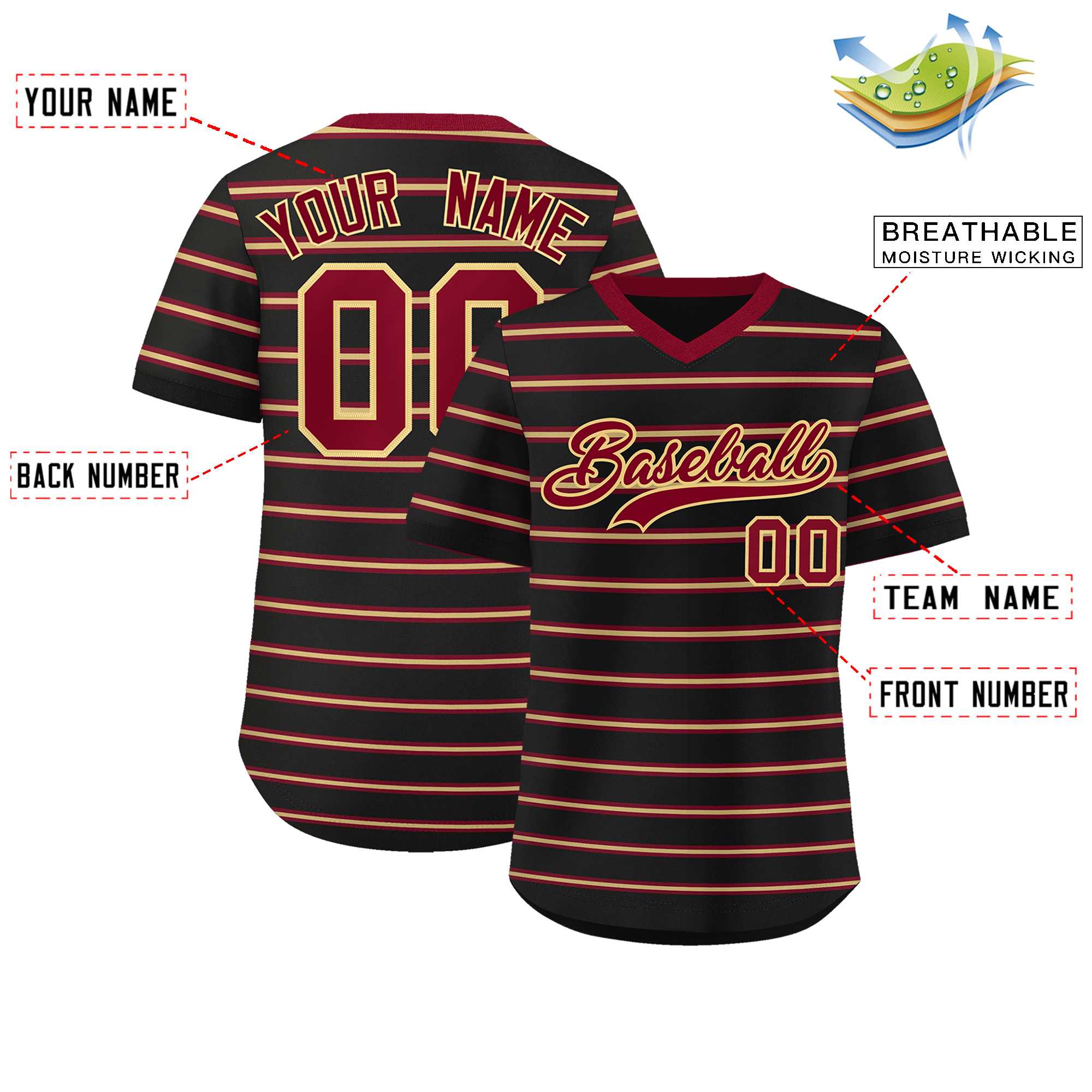 Custom Black Crimson-Khaki Personalized Horizontal Stripe Authentic Pullover Baseball Jersey