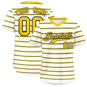 Custom White Gold-Black Personalized Horizontal Stripe Authentic Pullover Baseball Jersey