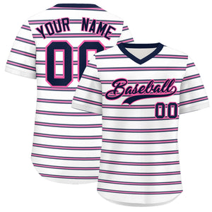 Custom White Navy-Pink Personalized Horizontal Stripe Authentic Pullover Baseball Jersey