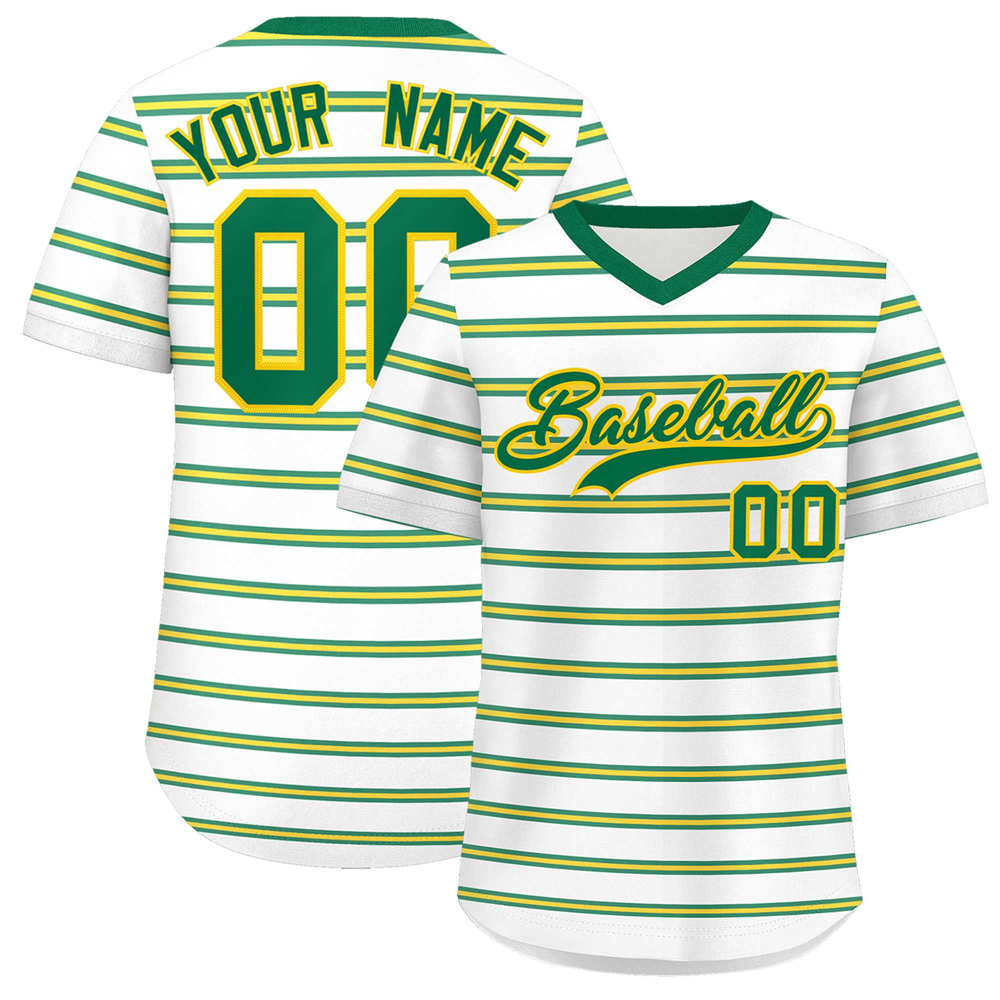 Custom White Kelly Green-Gold Personalized Horizontal Stripe Authentic Pullover Baseball Jersey