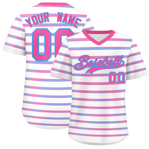 Custom White Pink-Powder Blue Personalized Horizontal Stripe Authentic Pullover Baseball Jersey