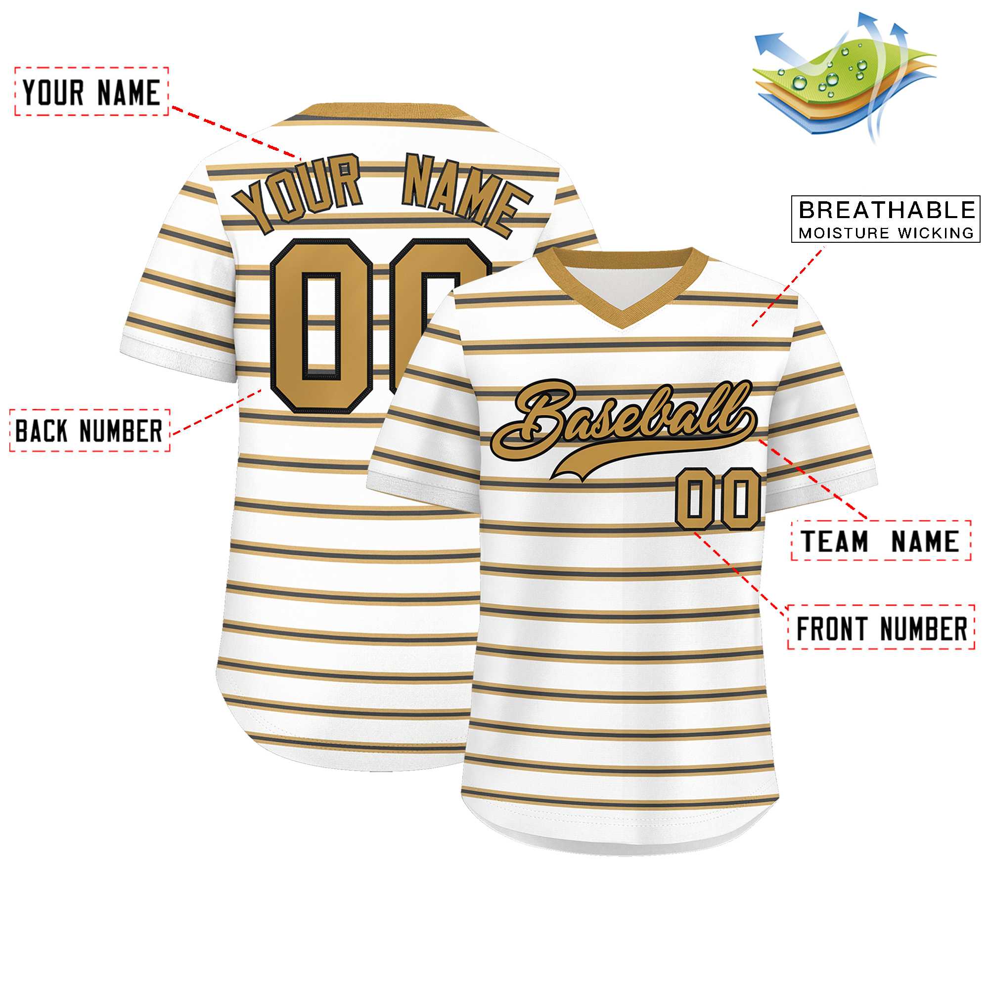 Custom White Old Gold-Black Personalized Horizontal Stripe Authentic Pullover Baseball Jersey