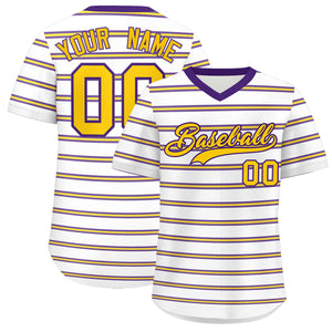 Custom White Purple-Yellow Personalized Horizontal Stripe Authentic Pullover Baseball Jersey