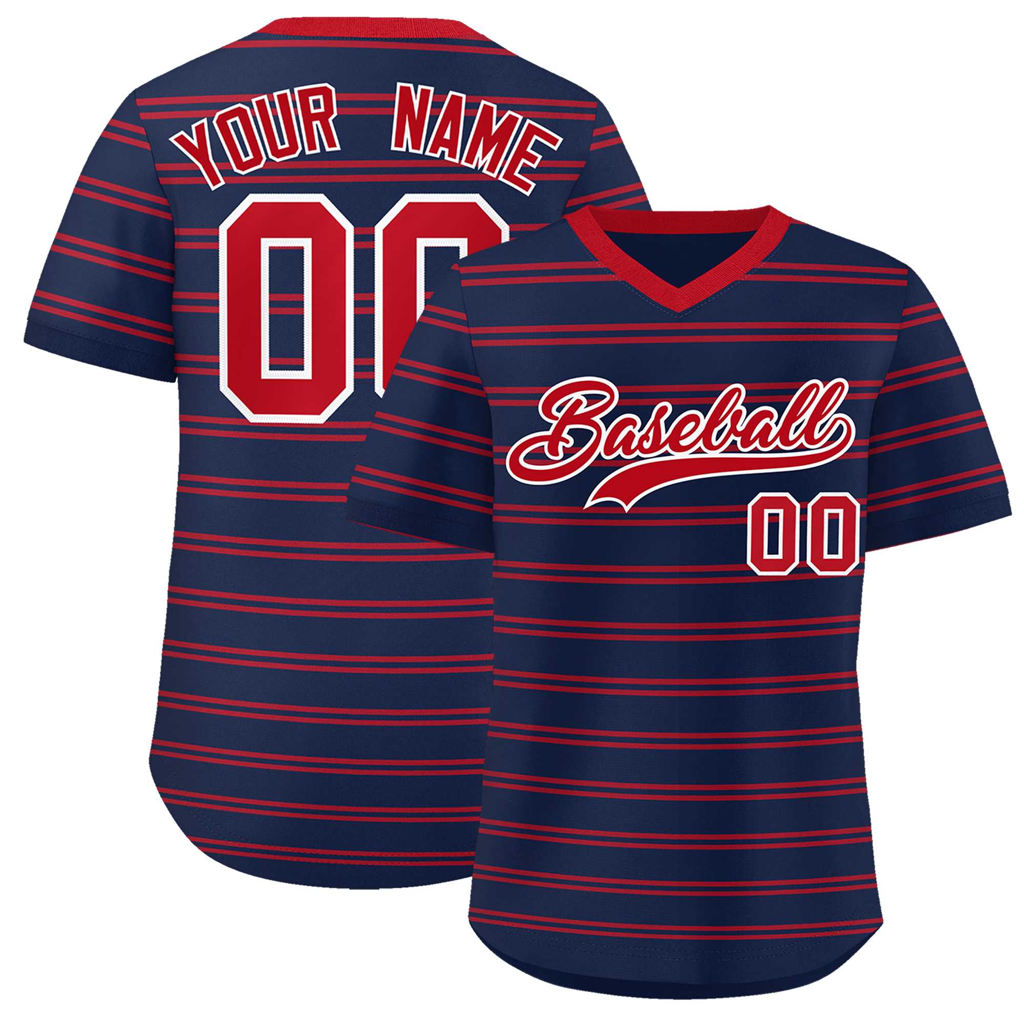 Custom Navy Red Personalized Horizontal Stripe Authentic Pullover Baseball Jersey