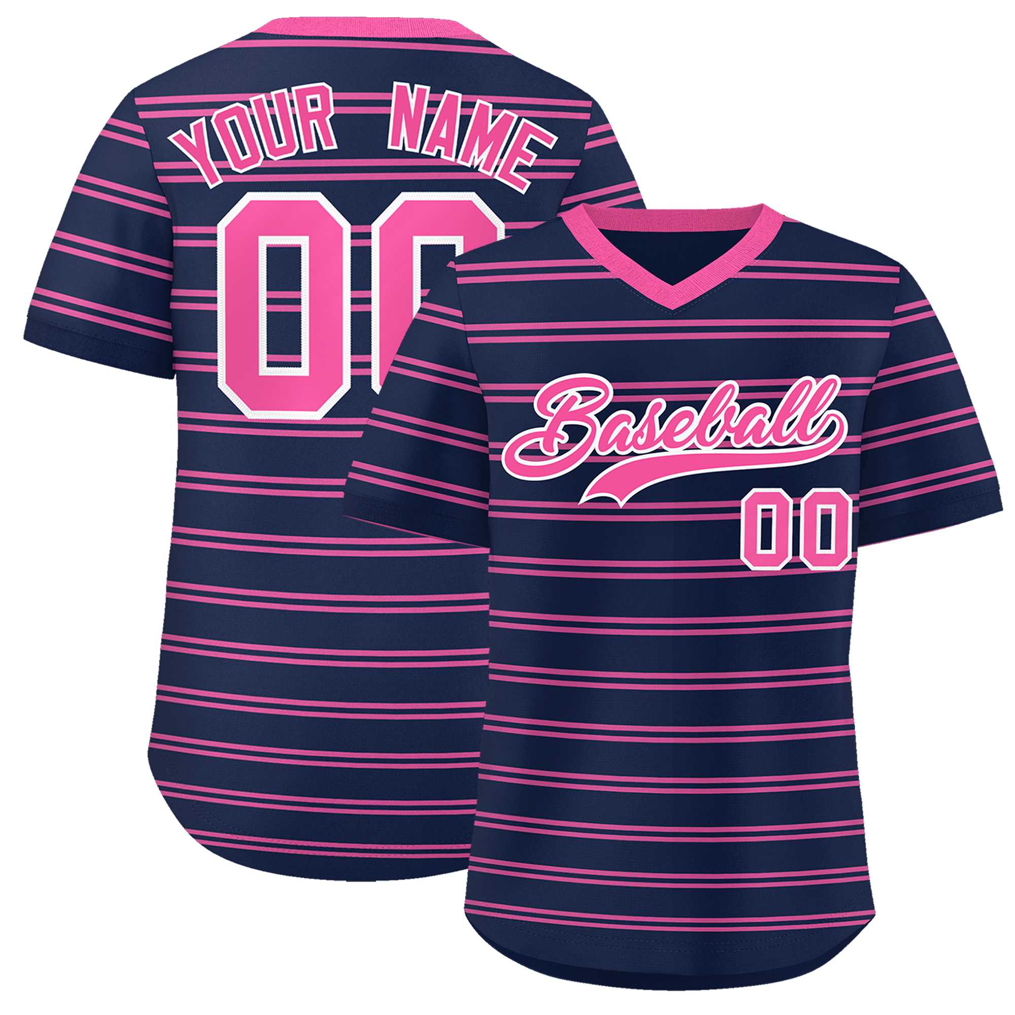 Custom Navy Pink Personalized Horizontal Stripe Authentic Pullover Baseball Jersey