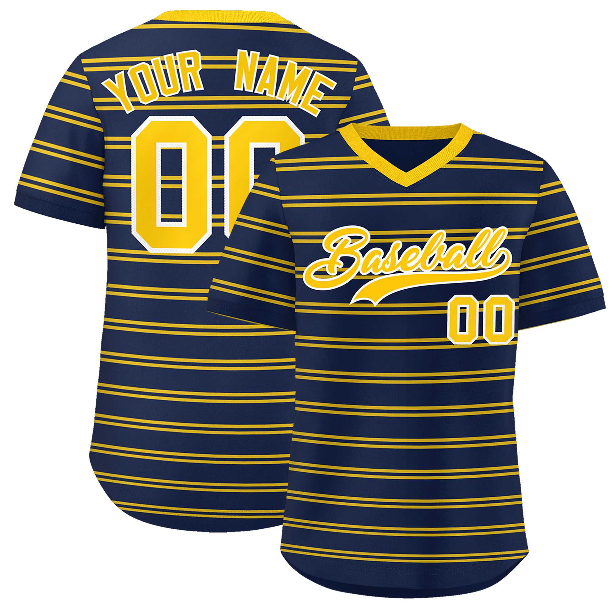 Custom Navy Gold Personalized Horizontal Stripe Authentic Pullover Baseball Jersey