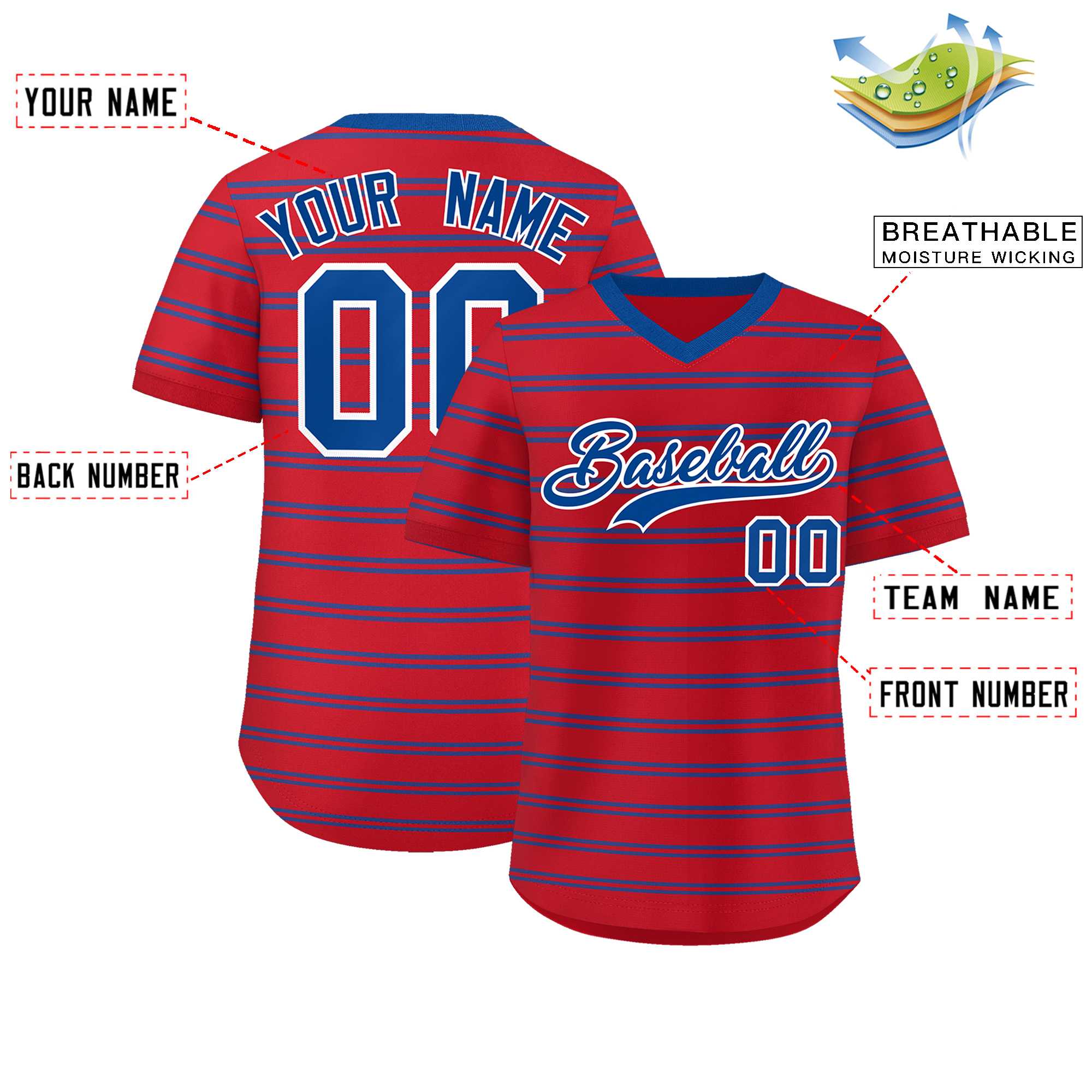 Custom Red Royal Personalized Horizontal Stripe Authentic Pullover Baseball Jersey