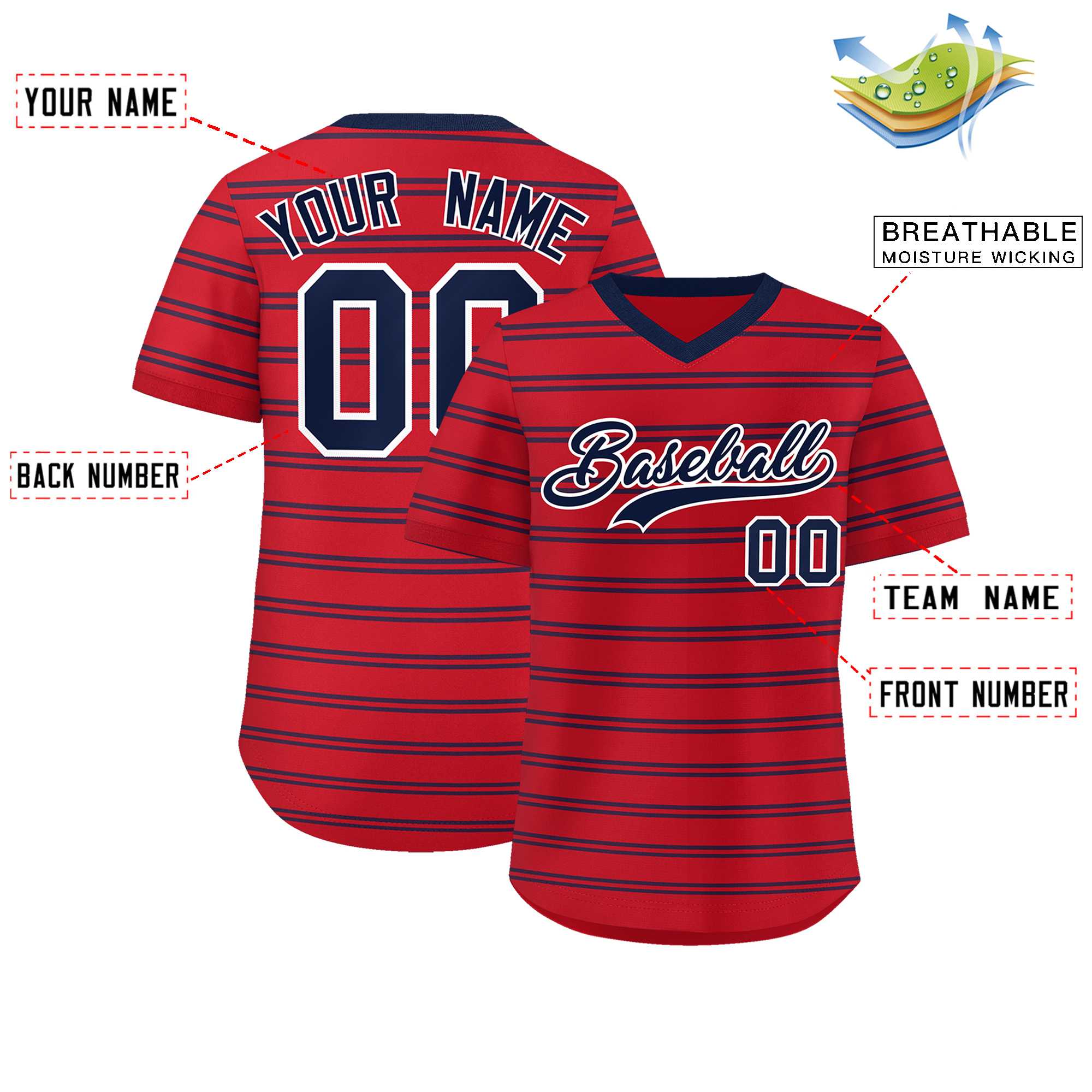 Custom Red Navy Personalized Horizontal Stripe Authentic Pullover Baseball Jersey