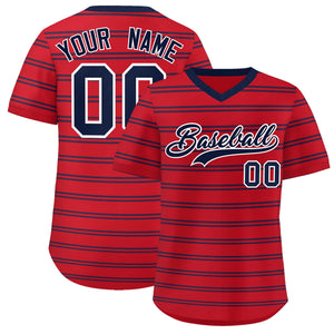 Custom Red Navy Personalized Horizontal Stripe Authentic Pullover Baseball Jersey