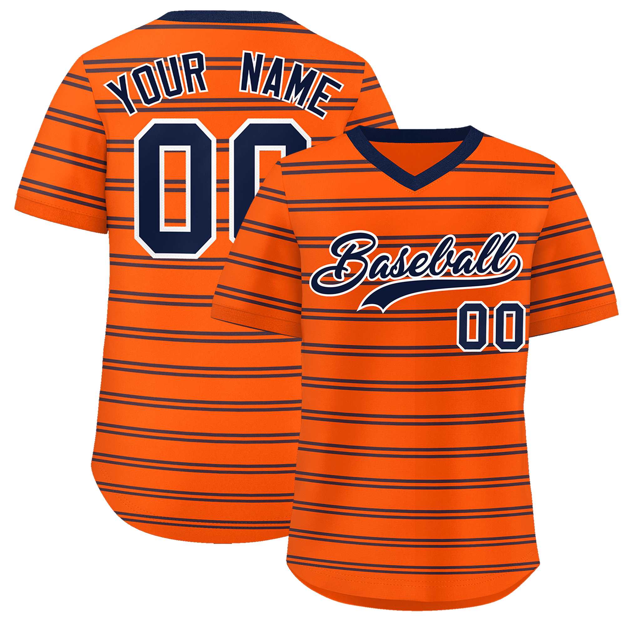 Custom Orange Navy Personalized Horizontal Stripe Authentic Pullover Baseball Jersey