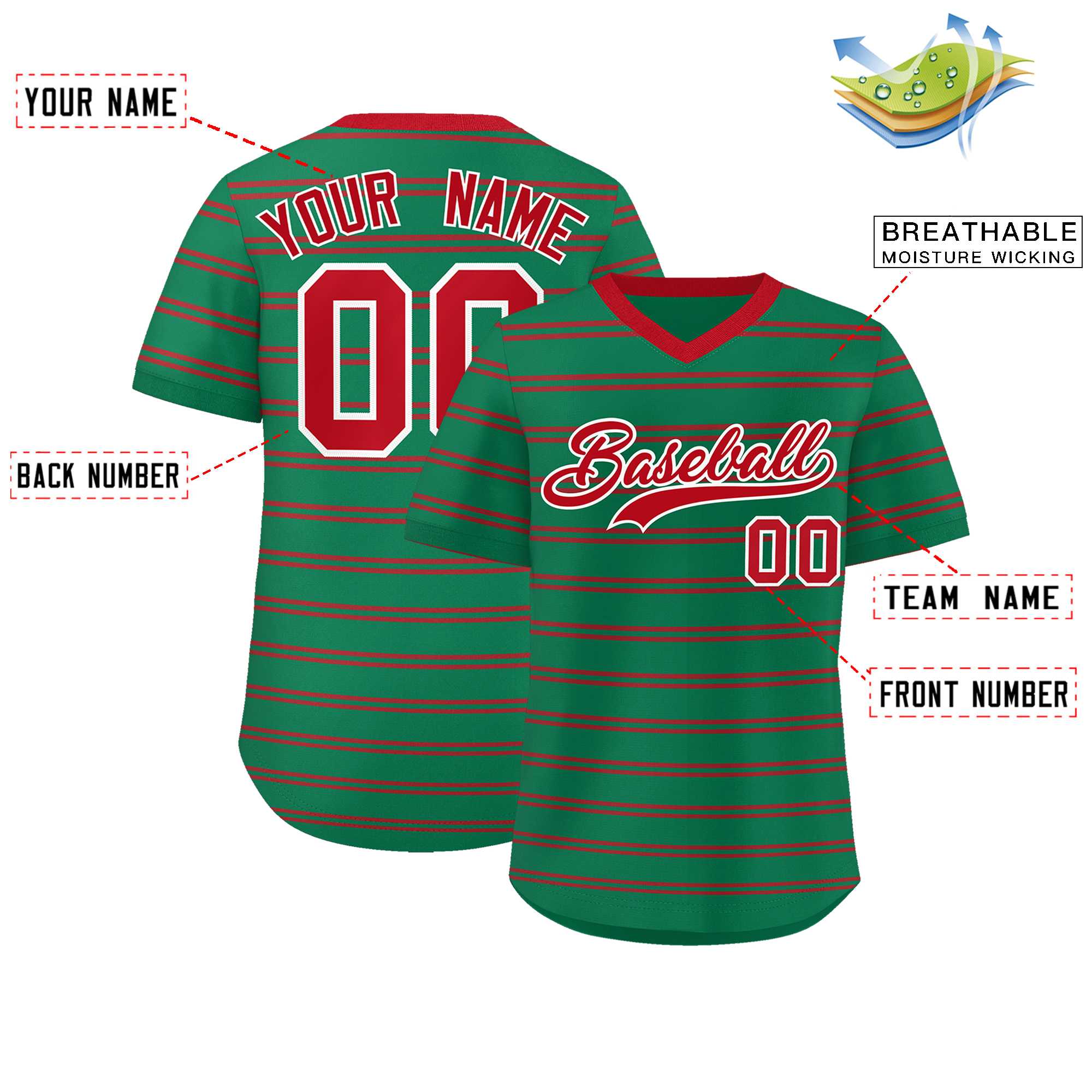 Custom Kelly Green Red Personalized Horizontal Stripe Authentic Pullover Baseball Jersey