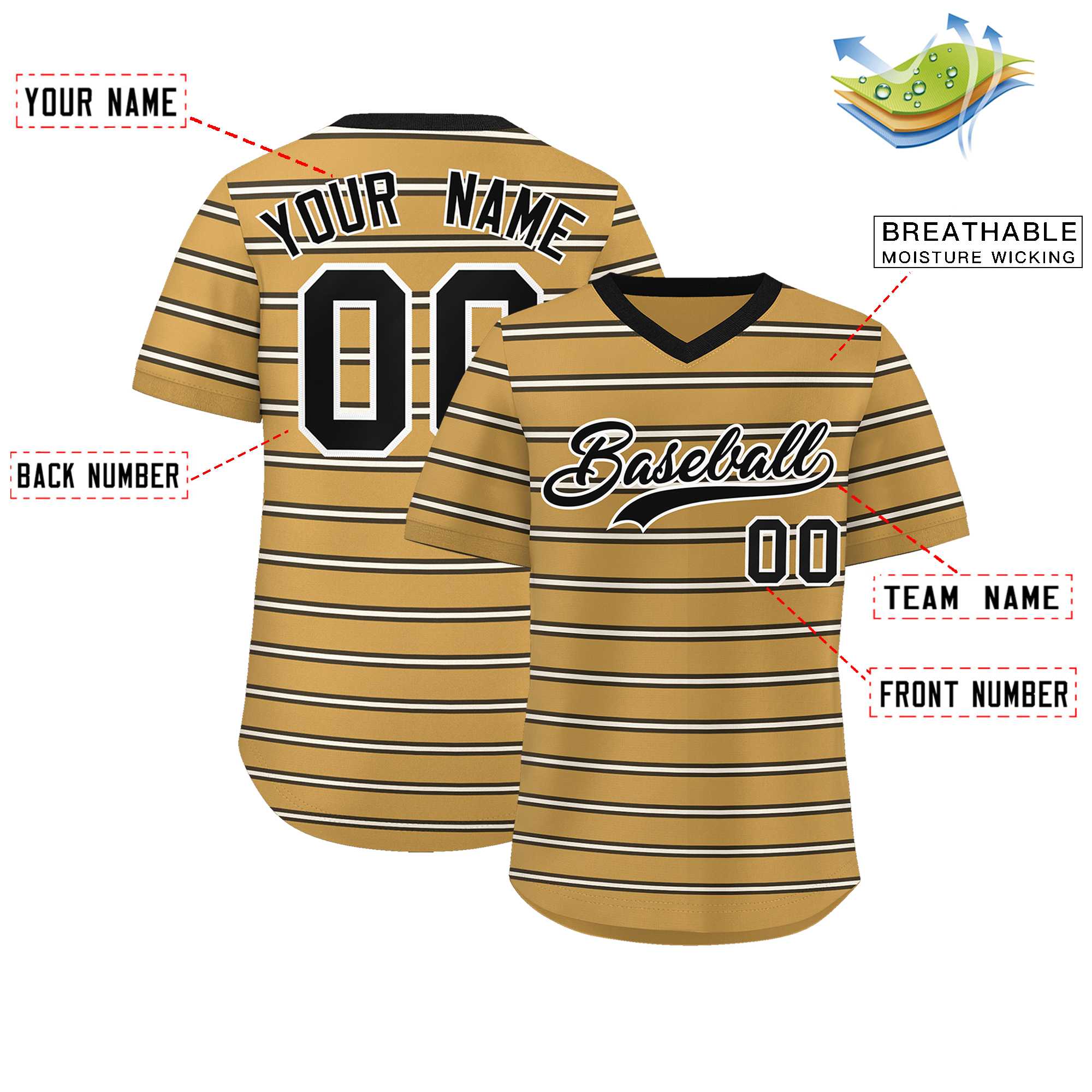 Custom Old Gold Black-White Personalized Horizontal Stripe Authentic Pullover Baseball Jersey