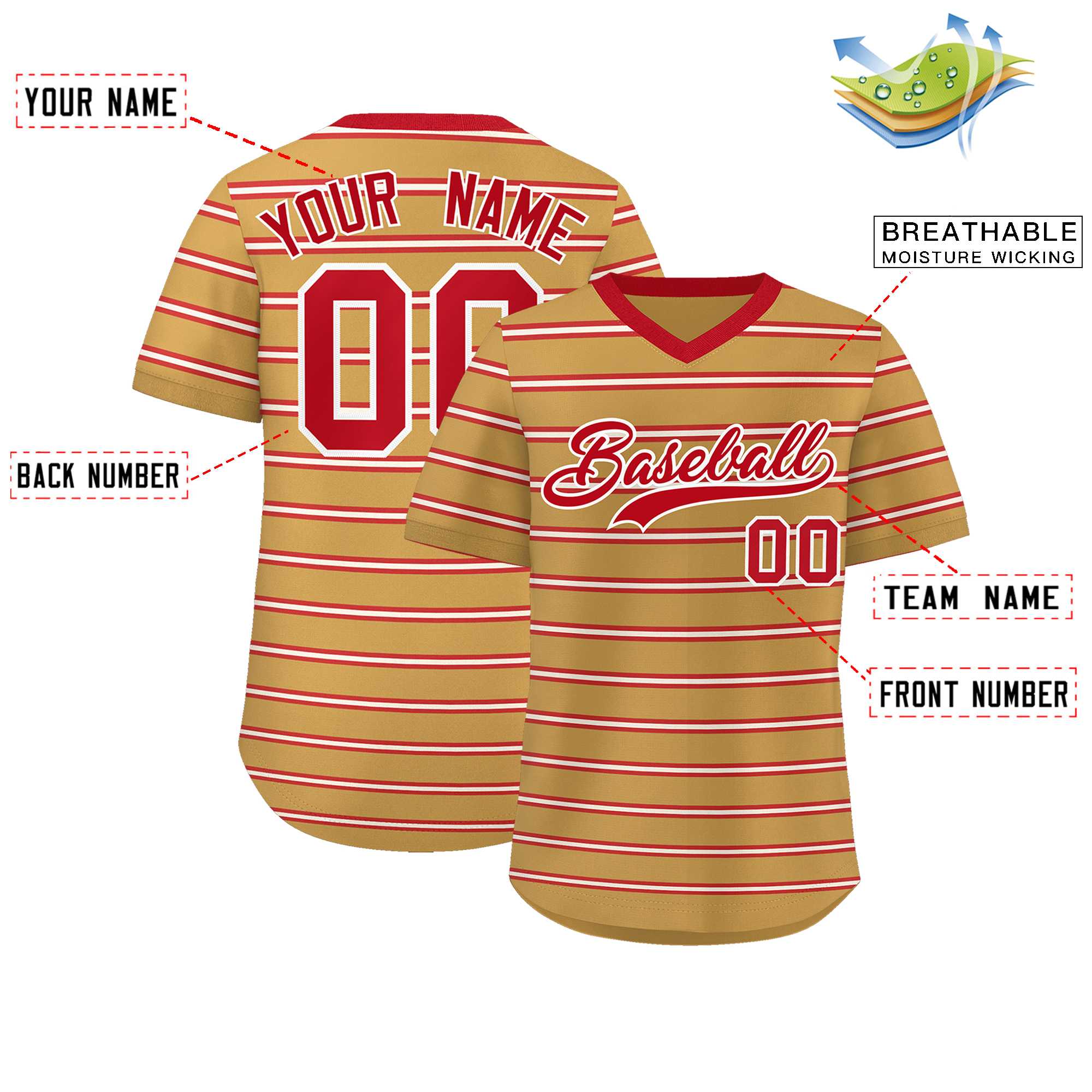 Custom Old Gold Red-White Personalized Horizontal Stripe Authentic Pullover Baseball Jersey