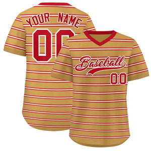 Custom Old Gold Red-White Personalized Horizontal Stripe Authentic Pullover Baseball Jersey