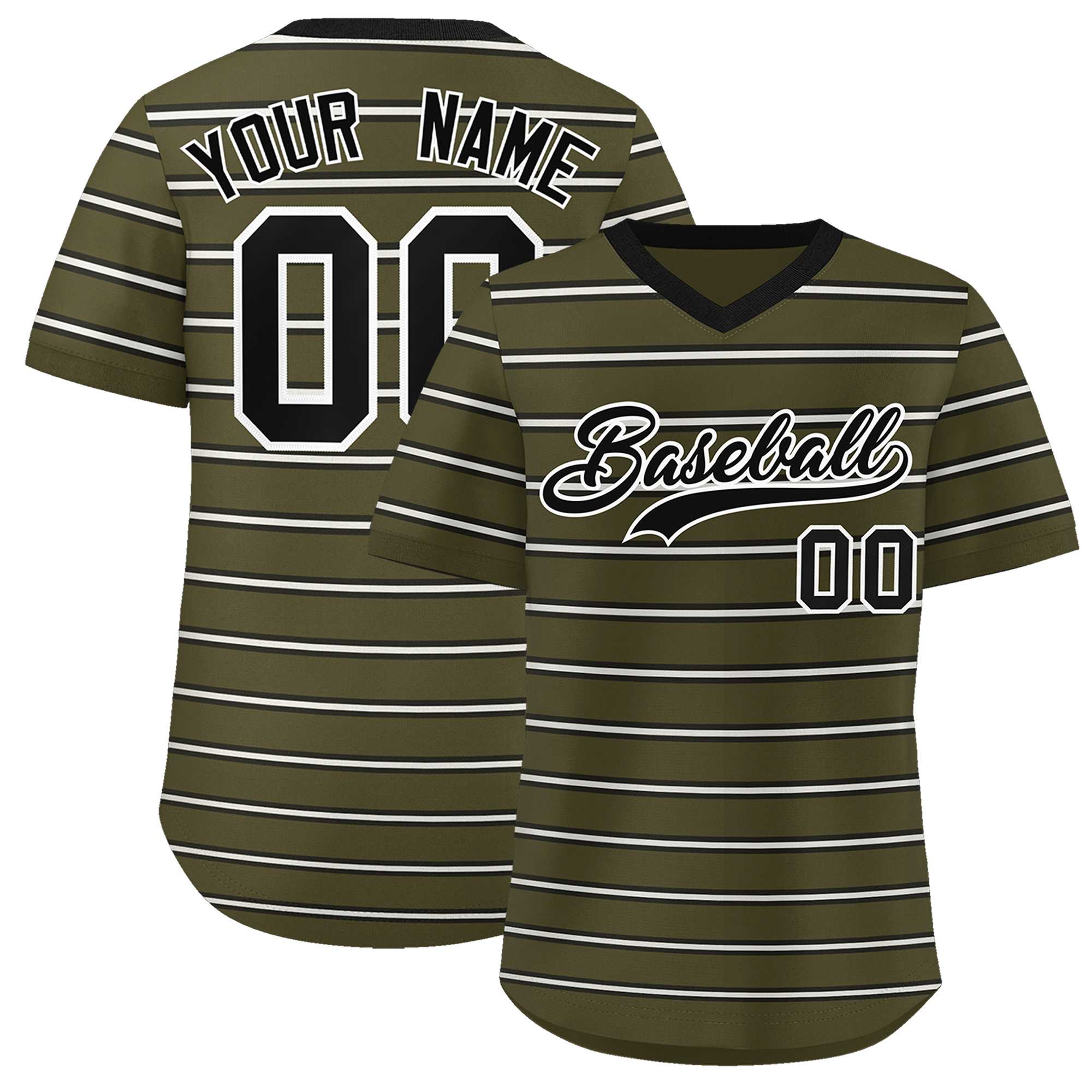 Custom Olive Black-White Personalized Horizontal Stripe Authentic Pullover Baseball Jersey