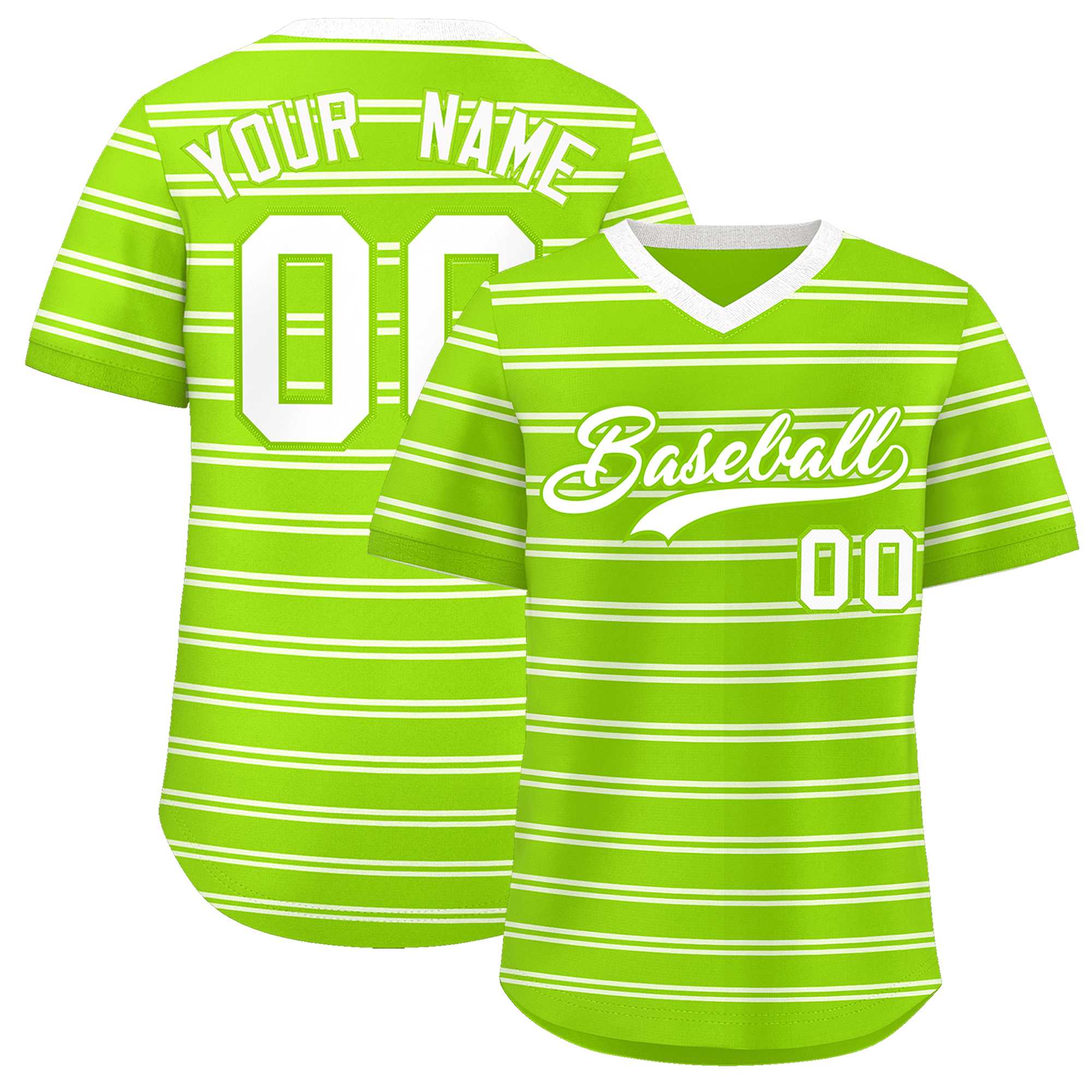 Custom Neon Green White Personalized Horizontal Stripe Authentic Pullover Baseball Jersey