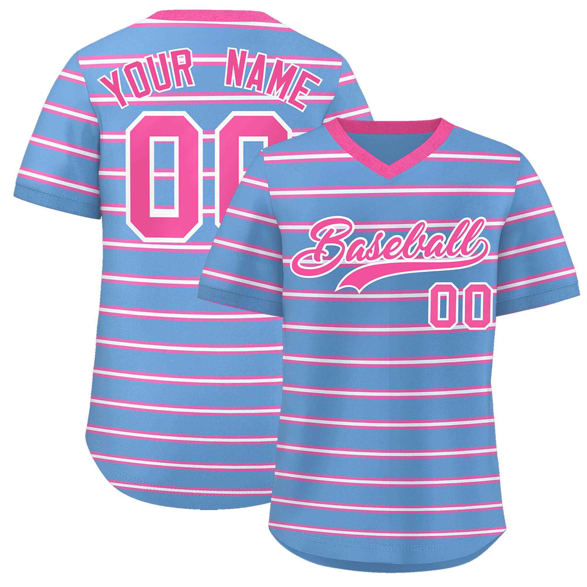 Custom Light Blue Pink-White Personalized Horizontal Stripe Authentic Pullover Baseball Jersey