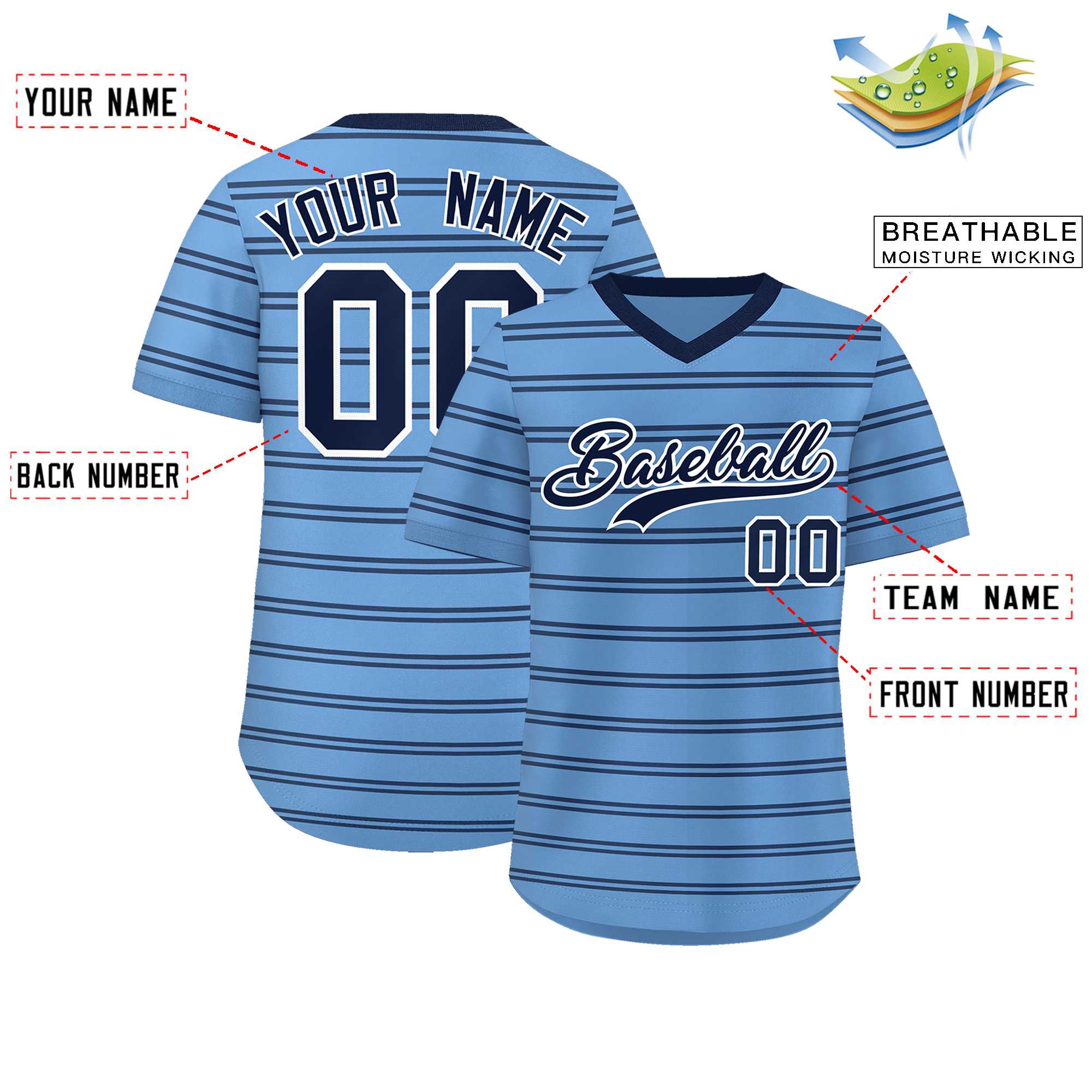 Custom Light Blue Navy Personalized Horizontal Stripe Authentic Pullover Baseball Jersey