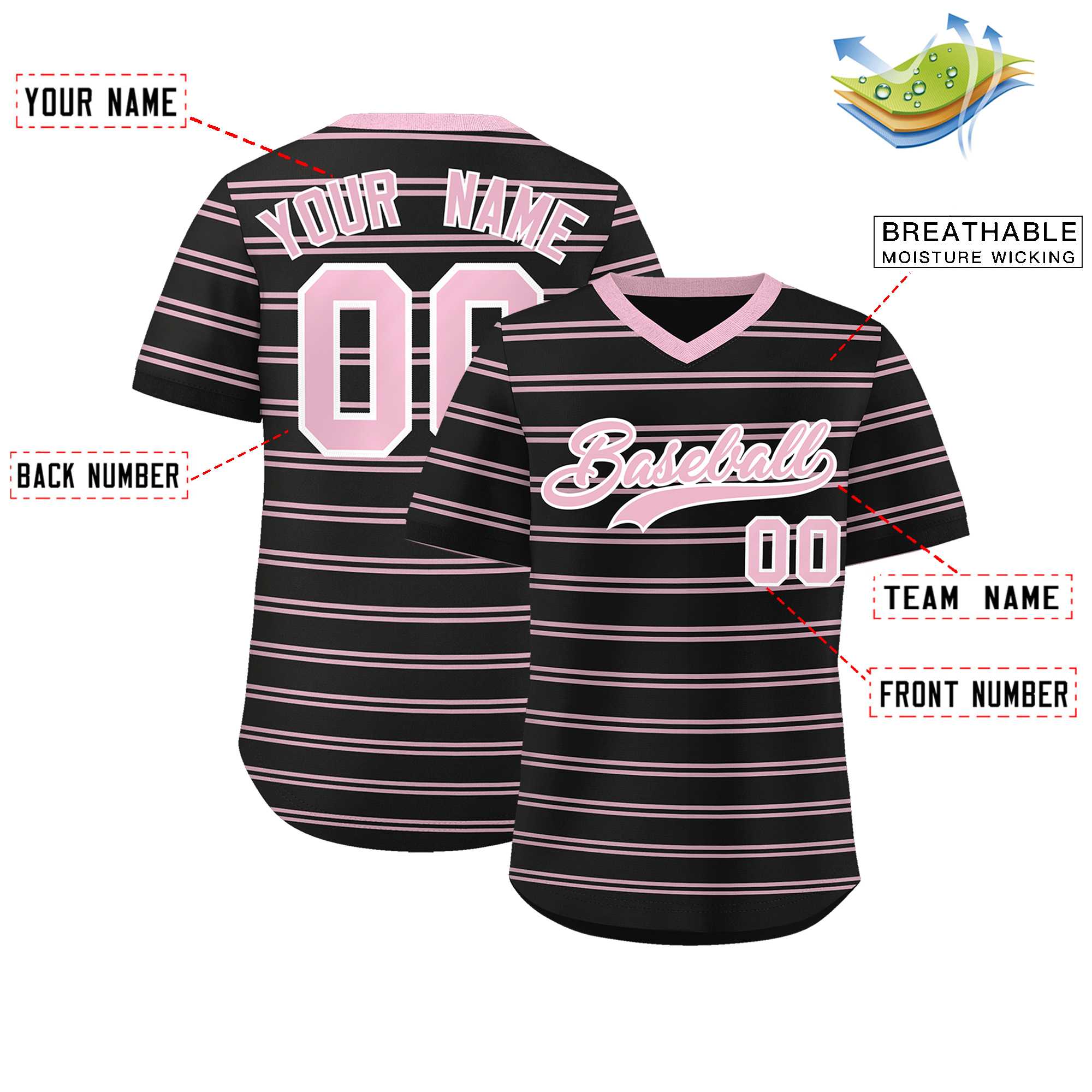 Custom Black Light Pink Personalized Horizontal Stripe Authentic Pullover Baseball Jersey