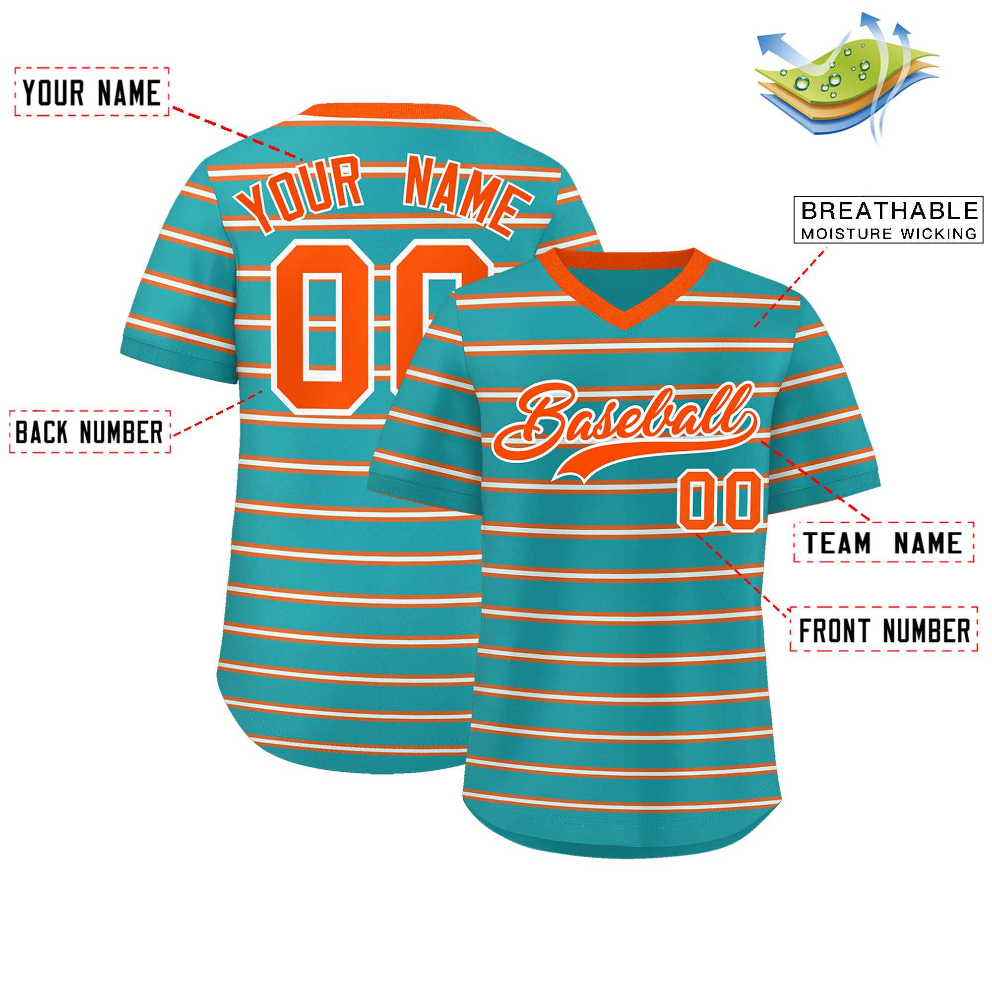 Custom Aqua Orange-White Personalized Horizontal Stripe Authentic Pullover Baseball Jersey