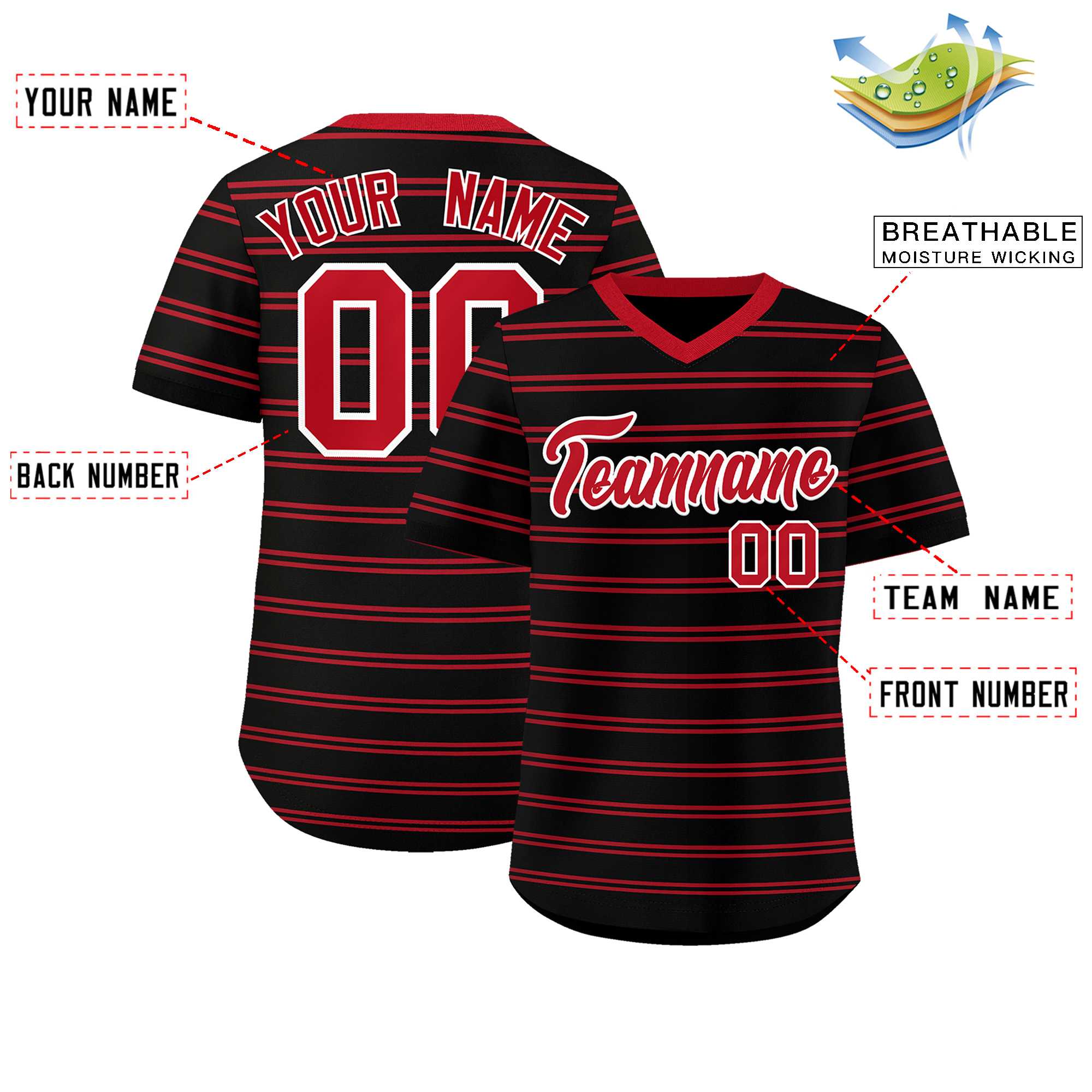 Custom Black Red Personalized Horizontal Stripe Authentic Pullover Baseball Jersey