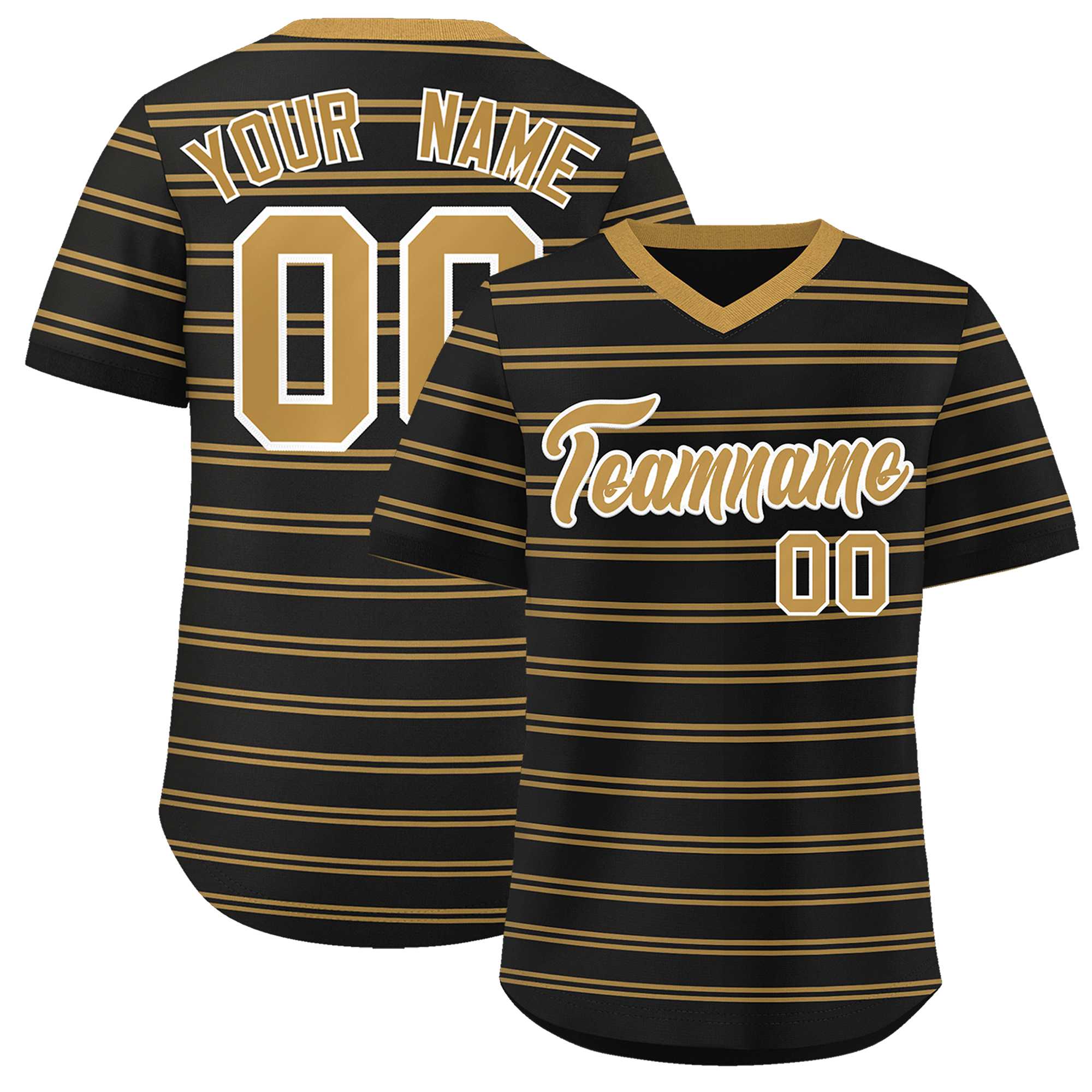 Custom Black Old Gold Personalized Horizontal Stripe Authentic Pullover Baseball Jersey