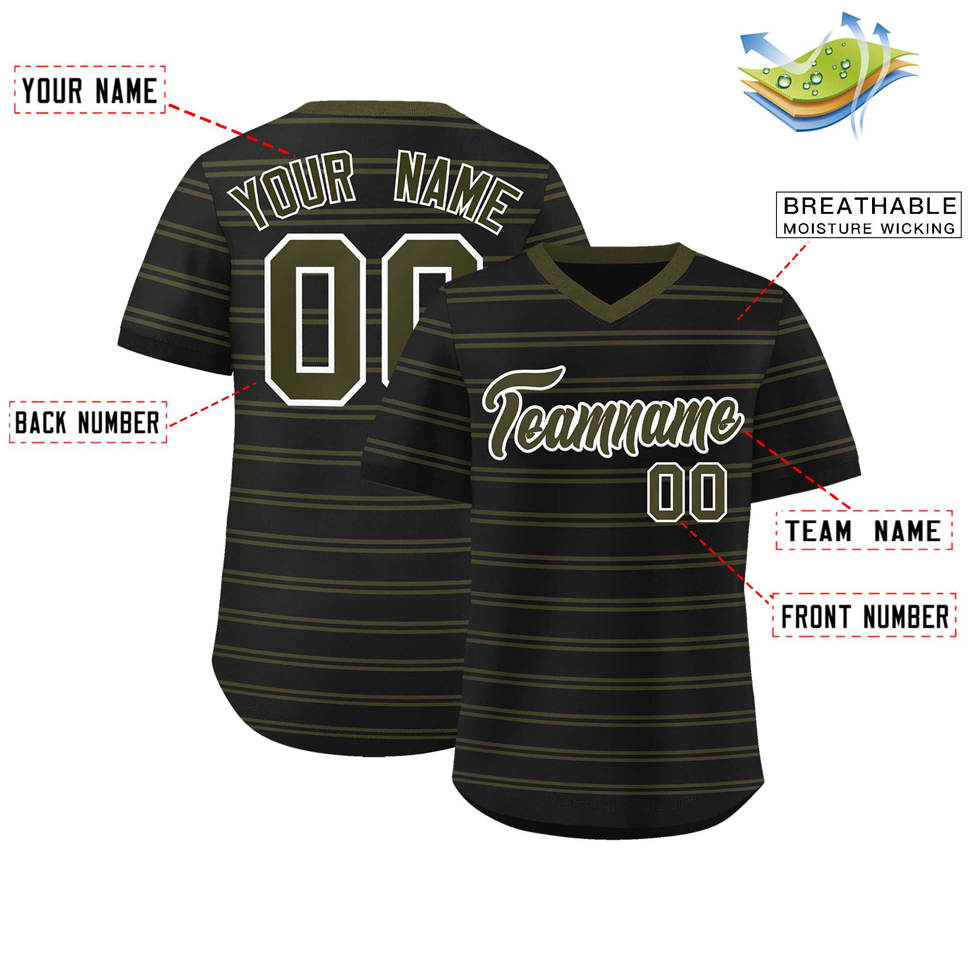 Custom Black Olive Personalized Horizontal Stripe Authentic Pullover Baseball Jersey