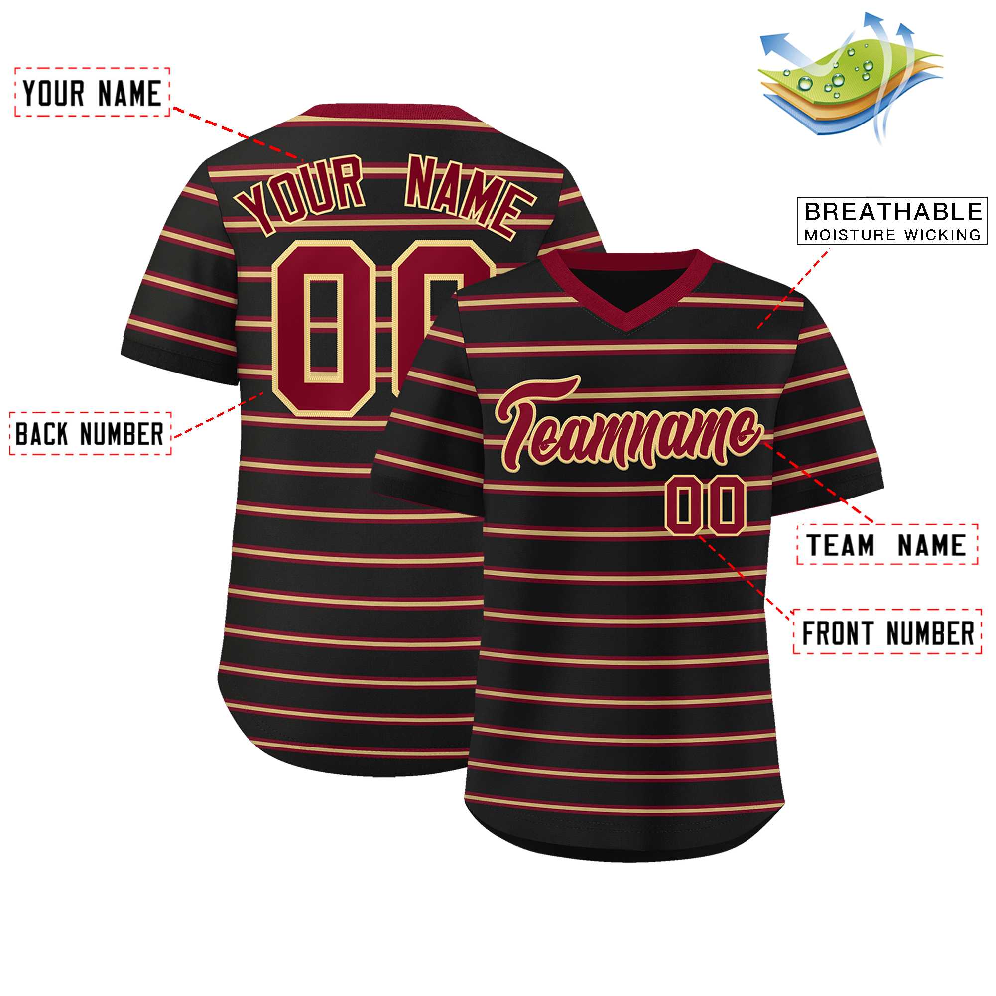 Custom Black Crimson-Khaki Personalized Horizontal Stripe Authentic Pullover Baseball Jersey