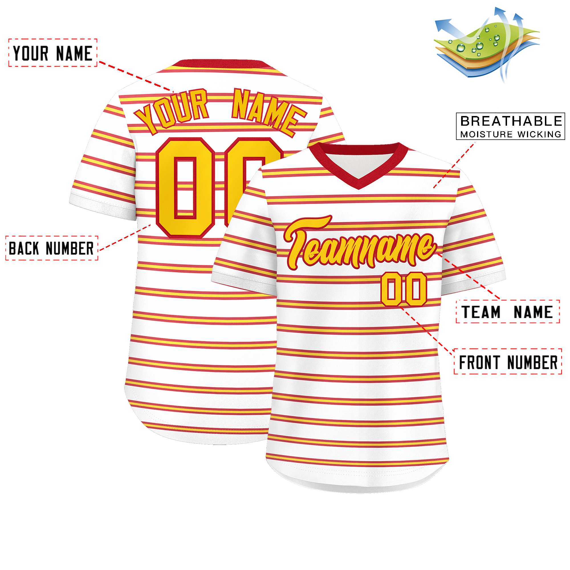 Custom White Red-Gold Personalized Horizontal Stripe Authentic Pullover Baseball Jersey