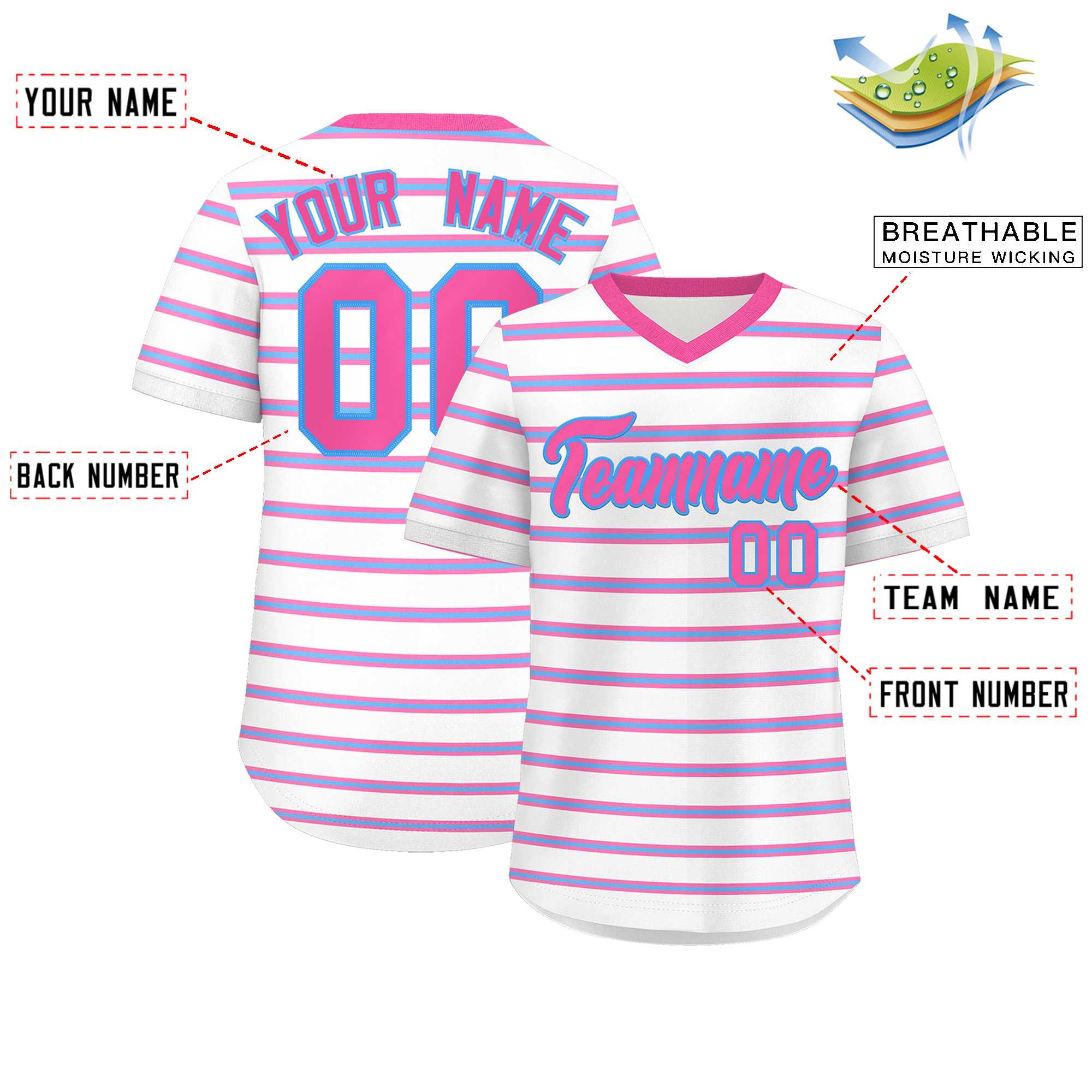 Custom White Pink-Powder Blue Personalized Horizontal Stripe Authentic Pullover Baseball Jersey