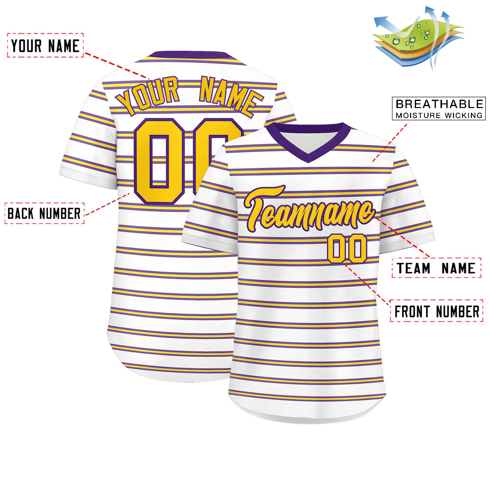 Custom White Purple-Yellow Personalized Horizontal Stripe Authentic Pullover Baseball Jersey