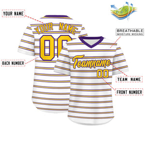 Custom White Purple-Yellow Personalized Horizontal Stripe Authentic Pullover Baseball Jersey