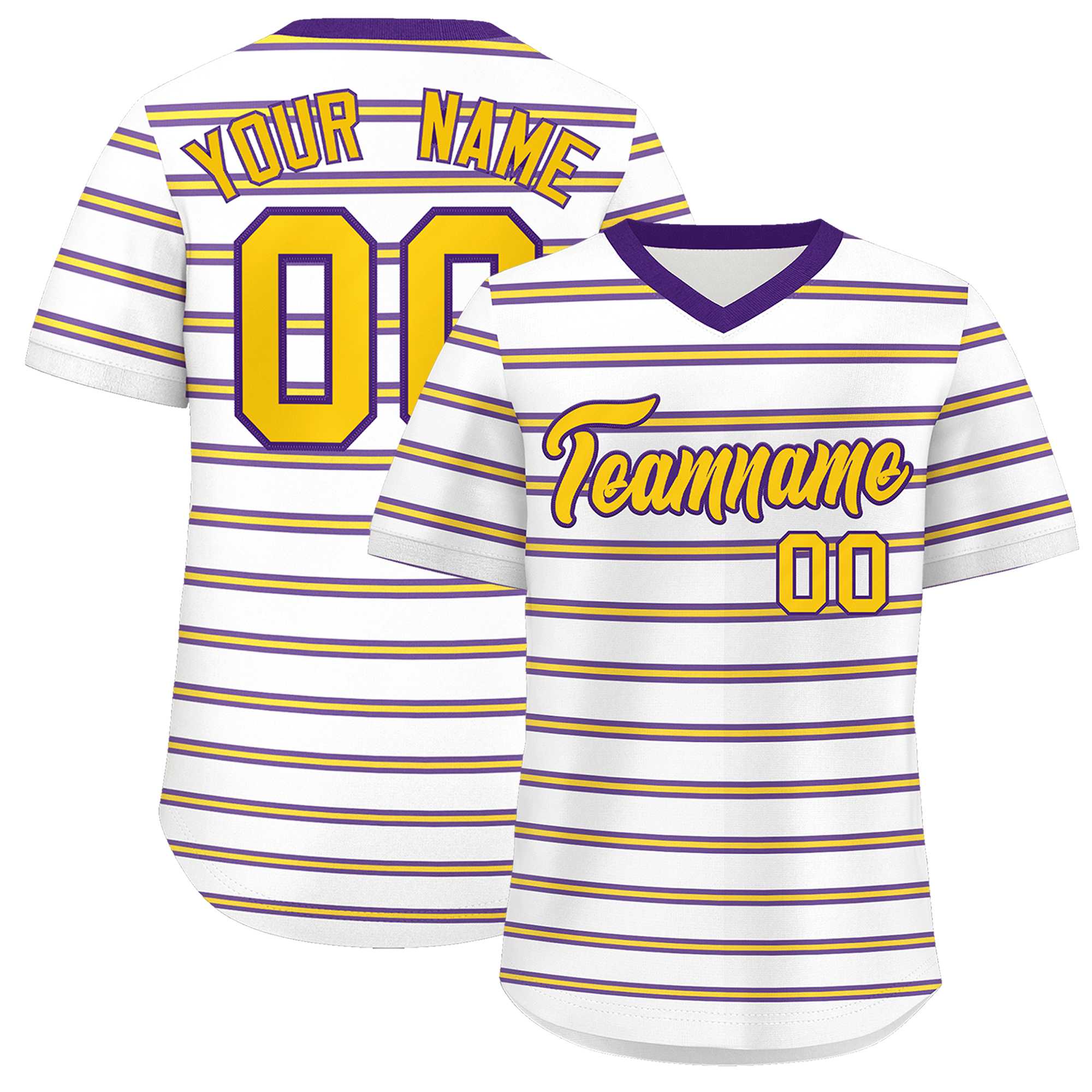 Custom White Purple-Yellow Personalized Horizontal Stripe Authentic Pullover Baseball Jersey