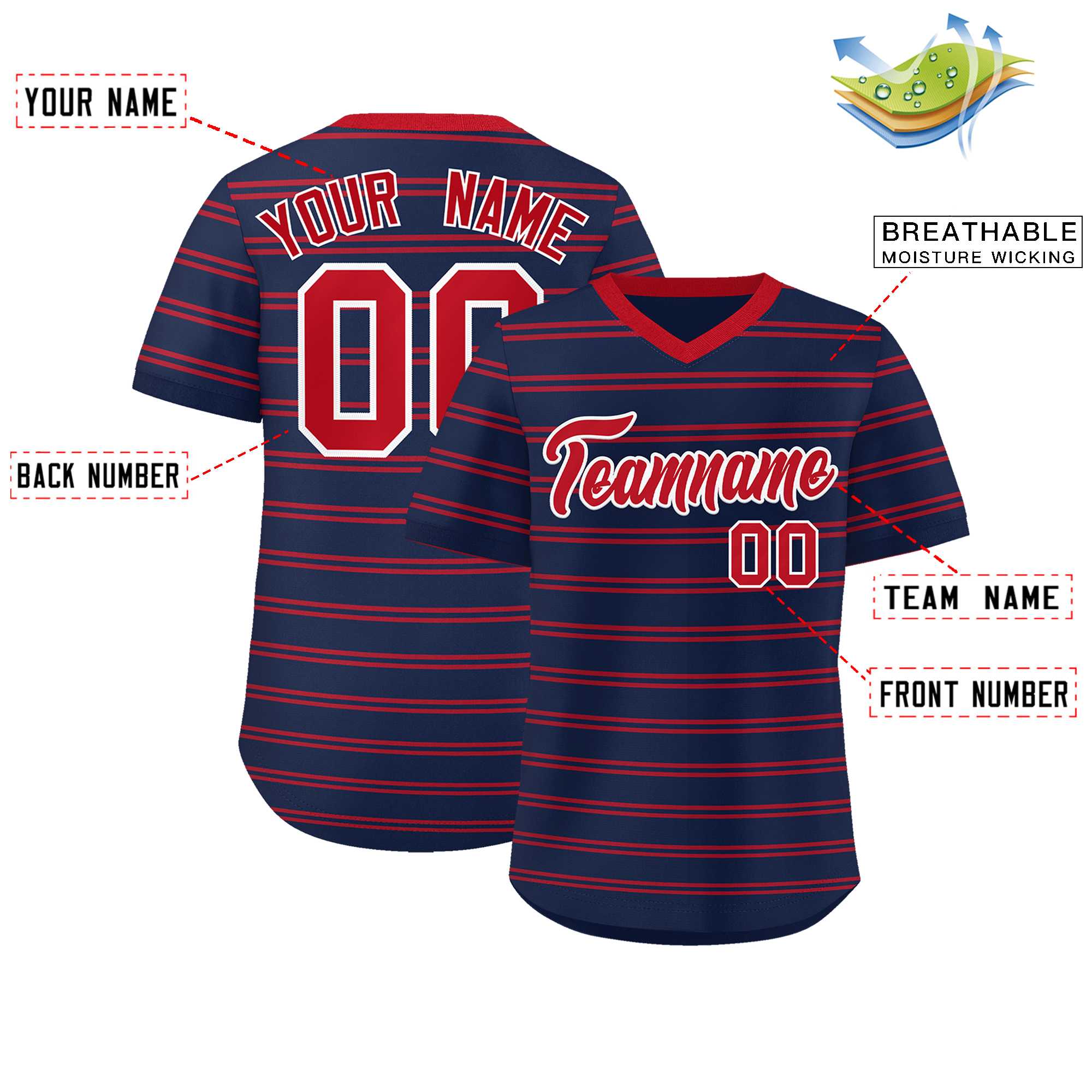 Custom Navy Red Personalized Horizontal Stripe Authentic Pullover Baseball Jersey