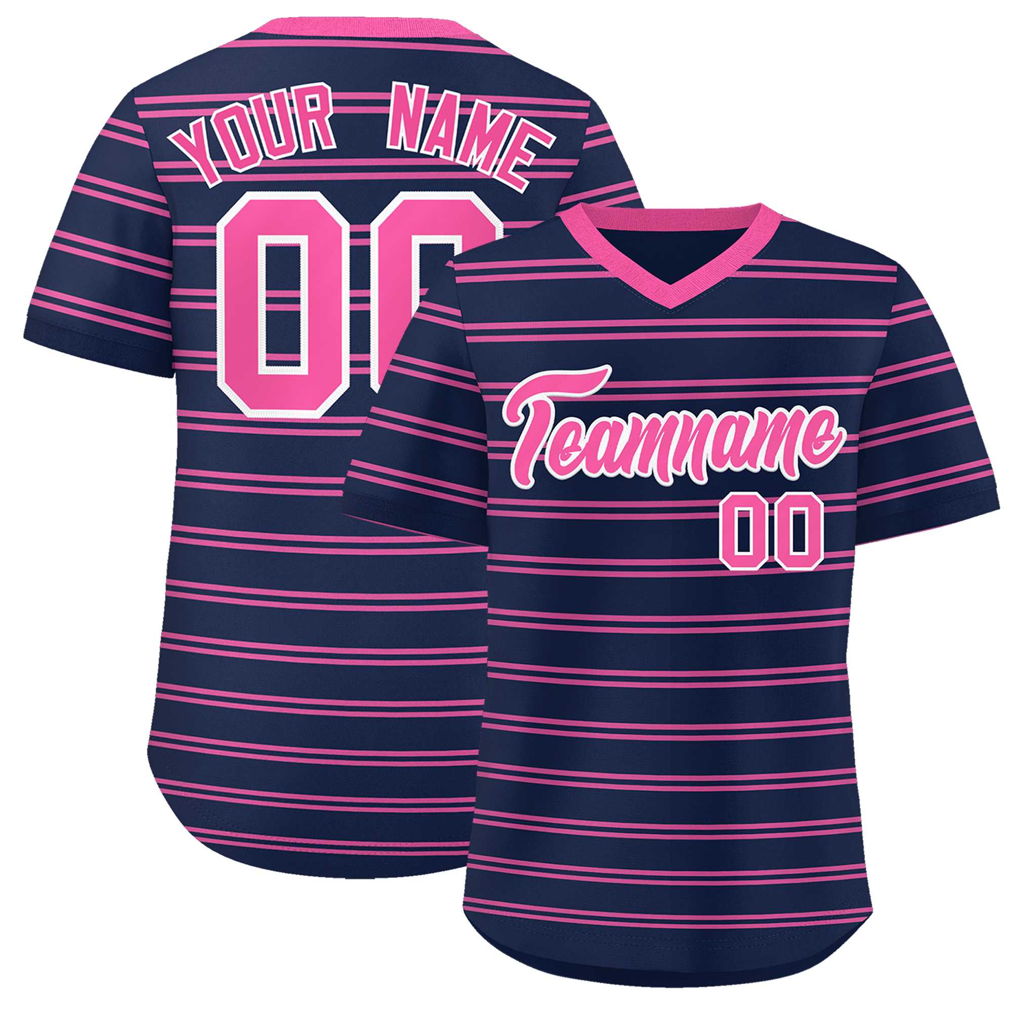 Custom Navy Pink Personalized Horizontal Stripe Authentic Pullover Baseball Jersey