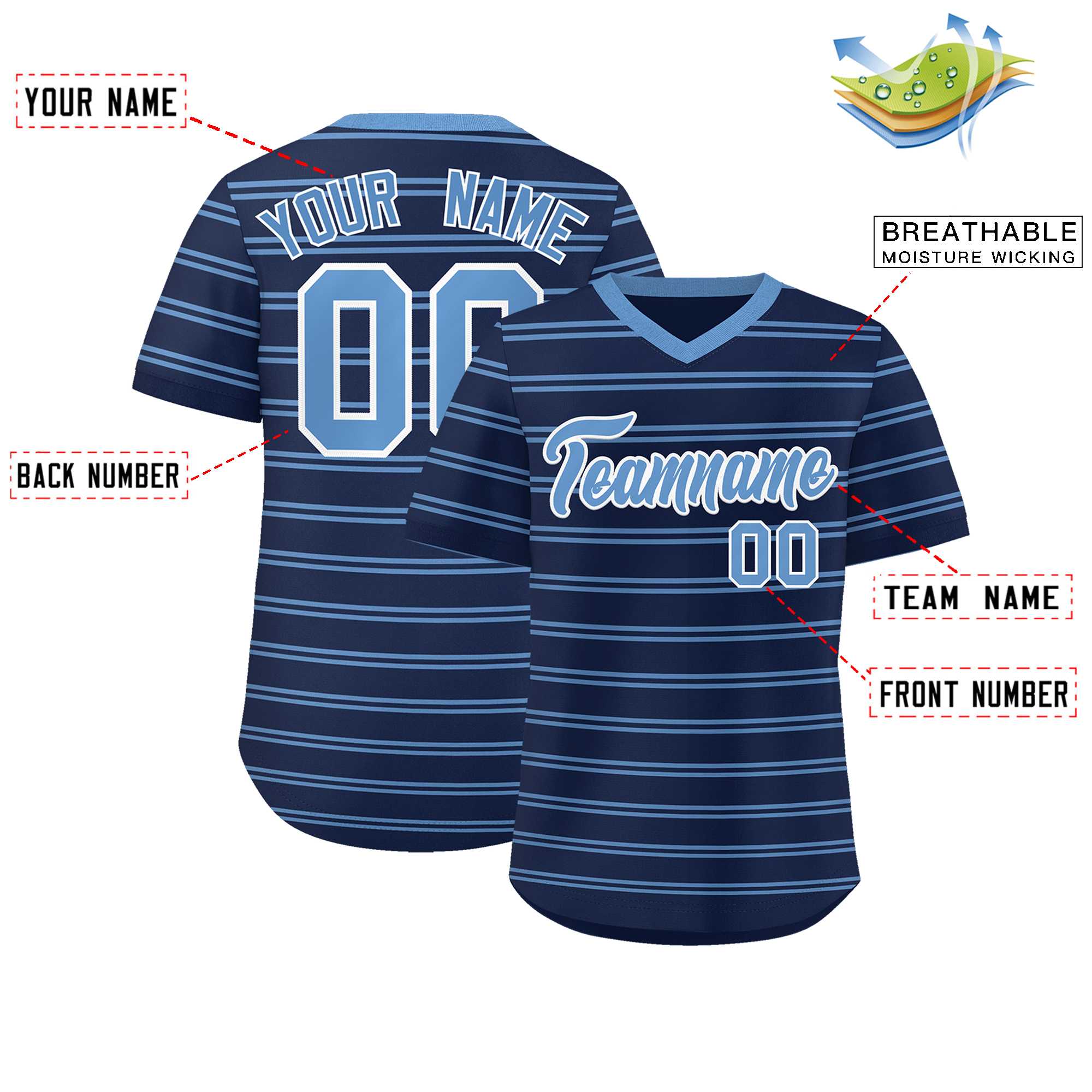 Custom Navy Light Blue Personalized Horizontal Stripe Authentic Pullover Baseball Jersey