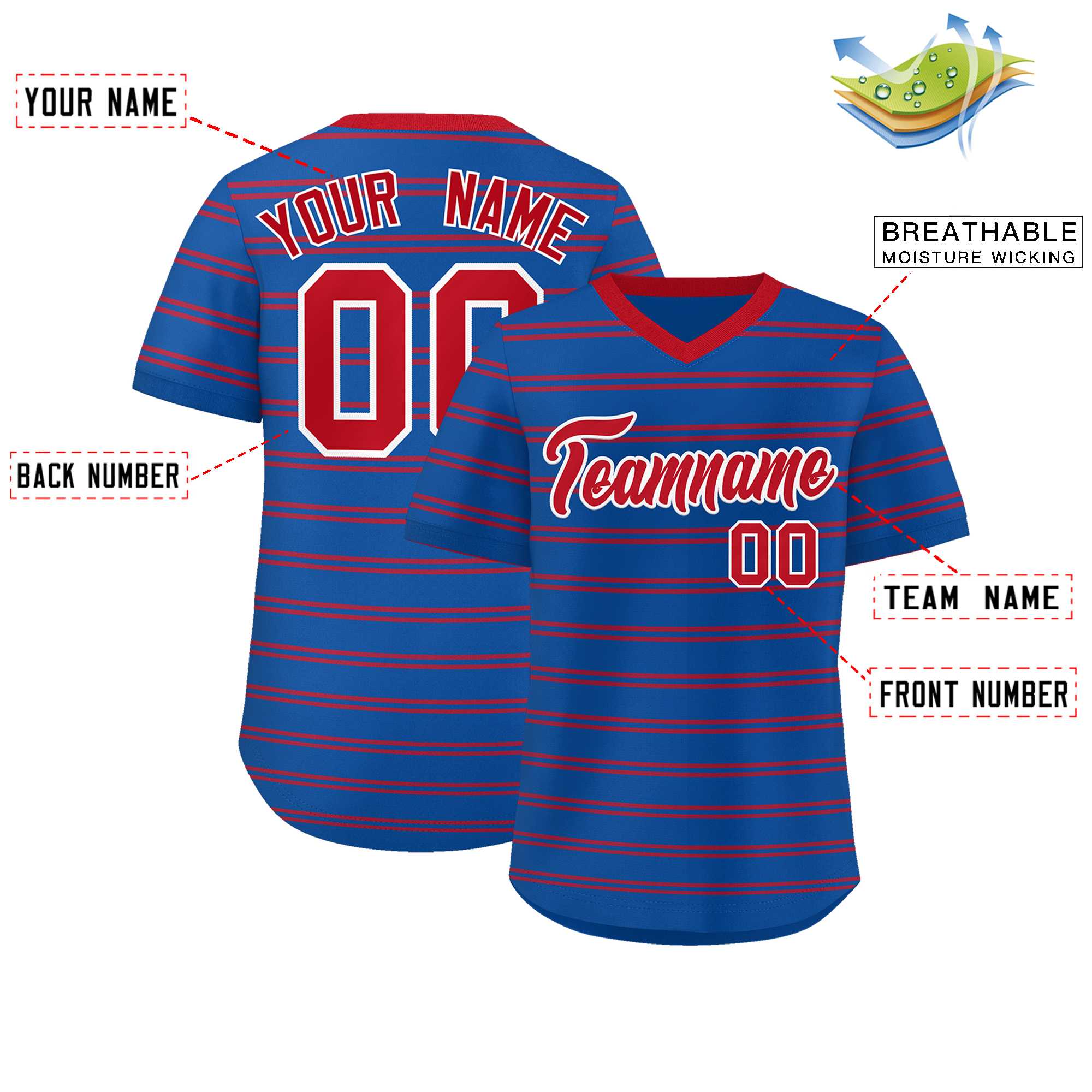 Custom Royal Red Personalized Horizontal Stripe Authentic Pullover Baseball Jersey