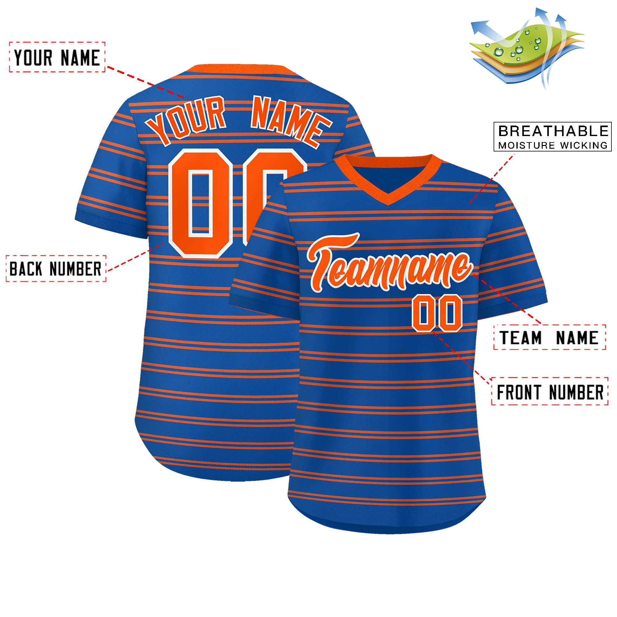 Custom Royal Orange Personalized Horizontal Stripe Authentic Pullover Baseball Jersey