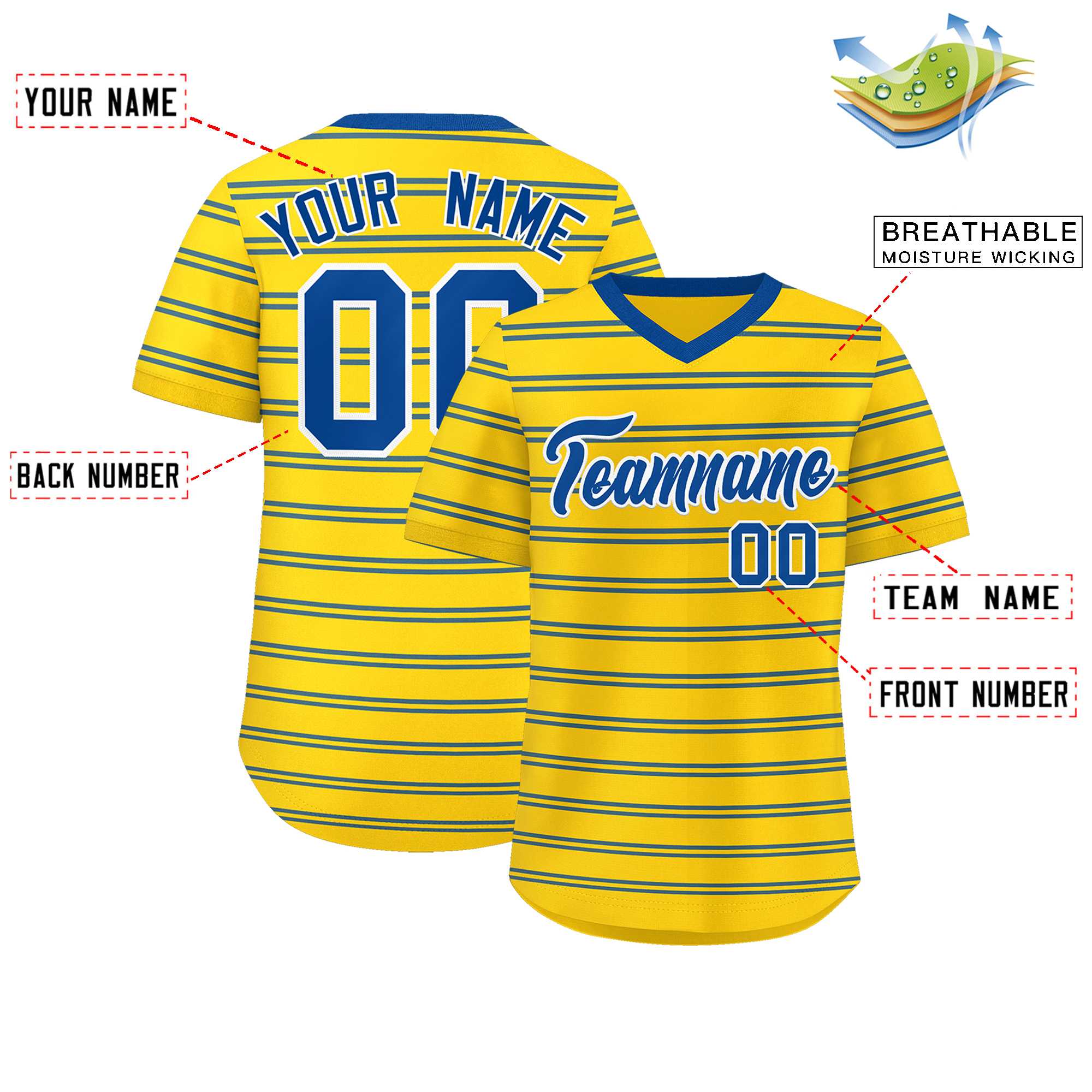 Custom Gold Royal Personalized Horizontal Stripe Authentic Pullover Baseball Jersey