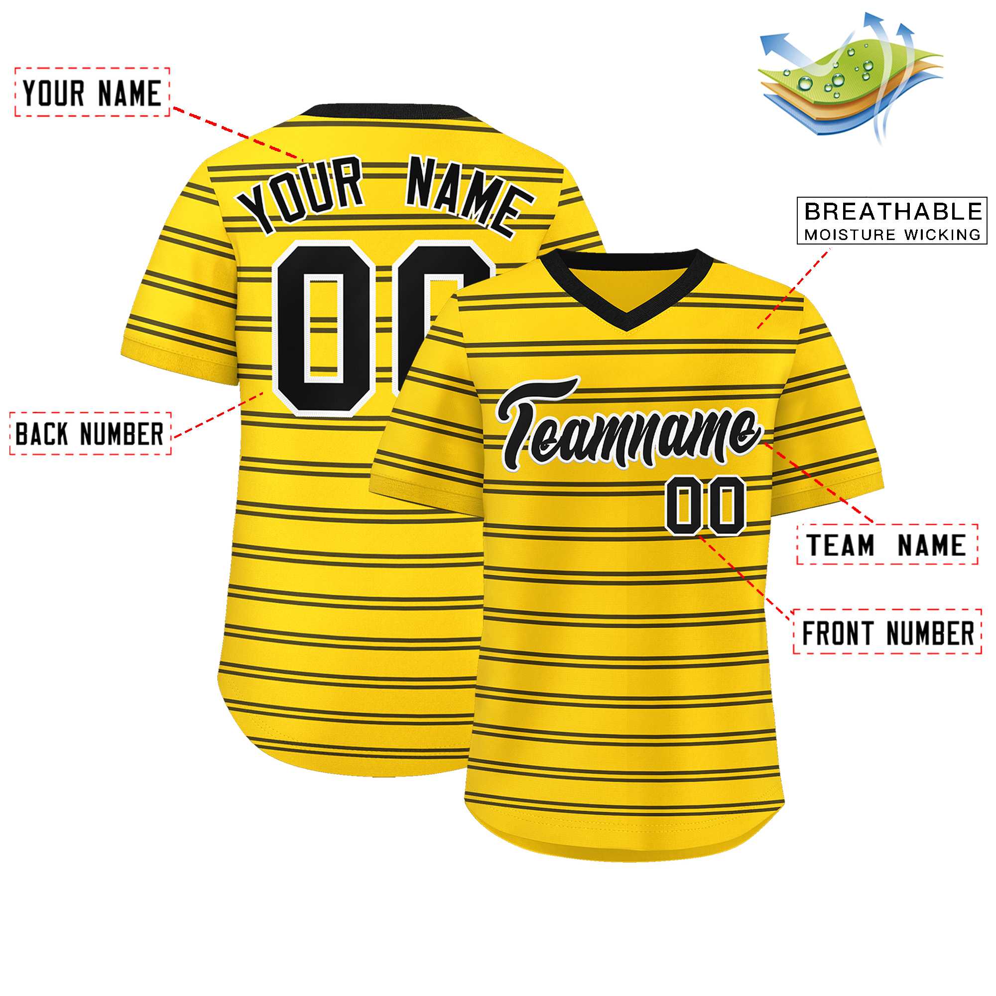 Custom Gold Black Personalized Horizontal Stripe Authentic Pullover Baseball Jersey