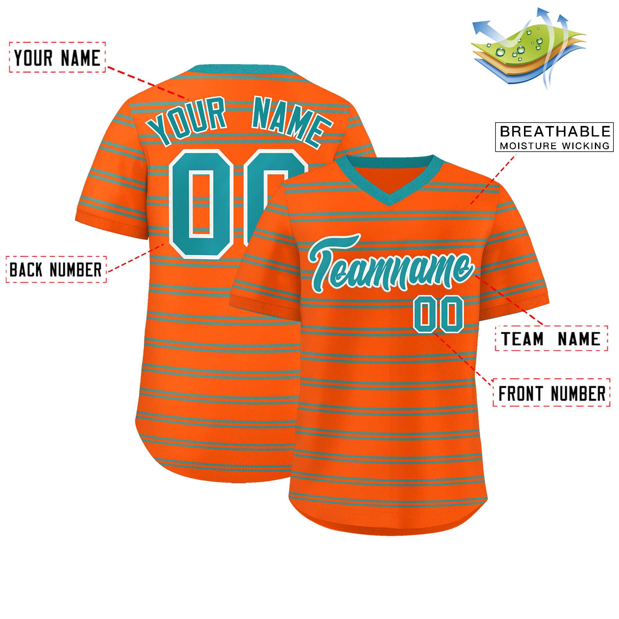 Custom Orange Aqua Personalized Horizontal Stripe Authentic Pullover Baseball Jersey