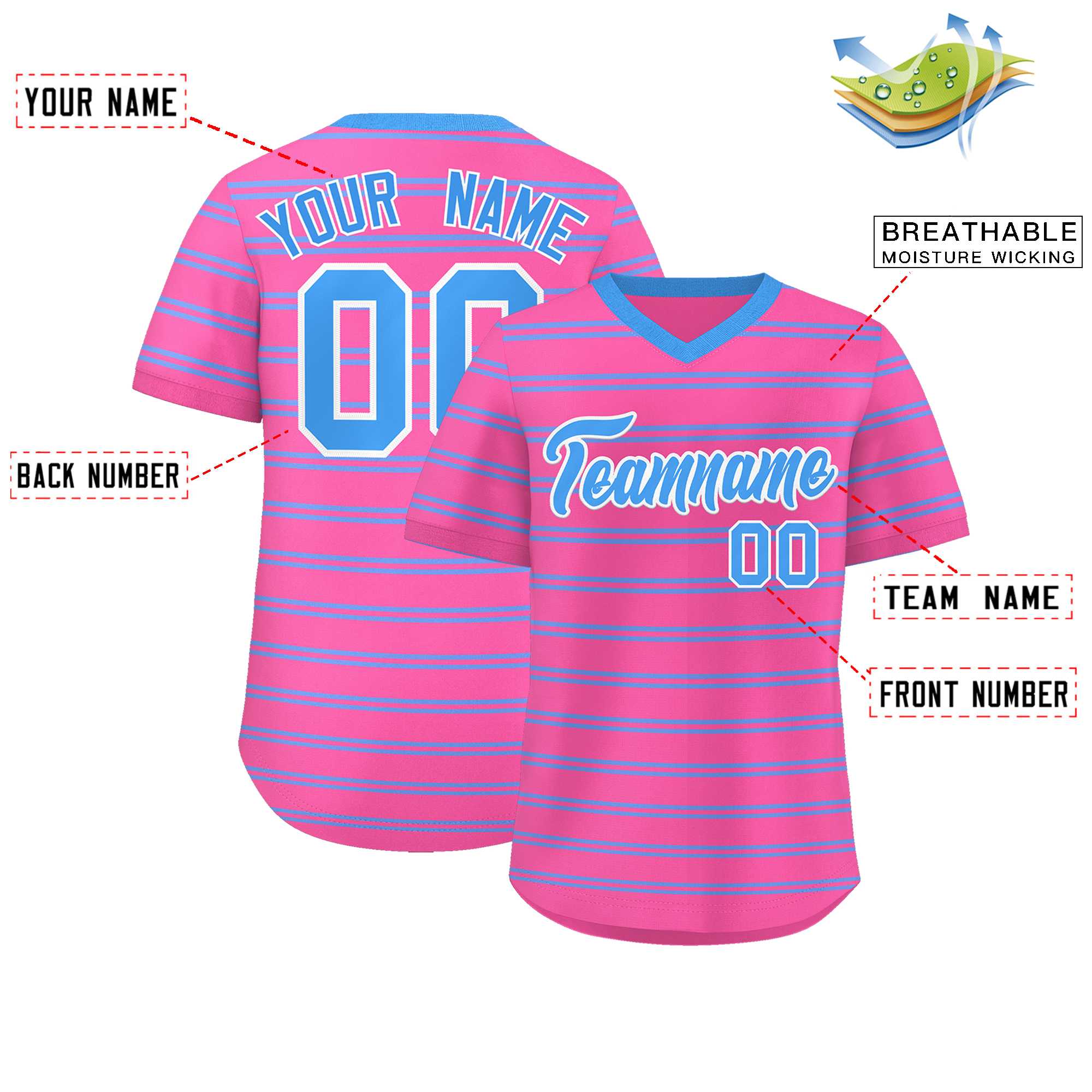 Custom Pink Powder Blue Personalized Horizontal Stripe Authentic Pullover Baseball Jersey