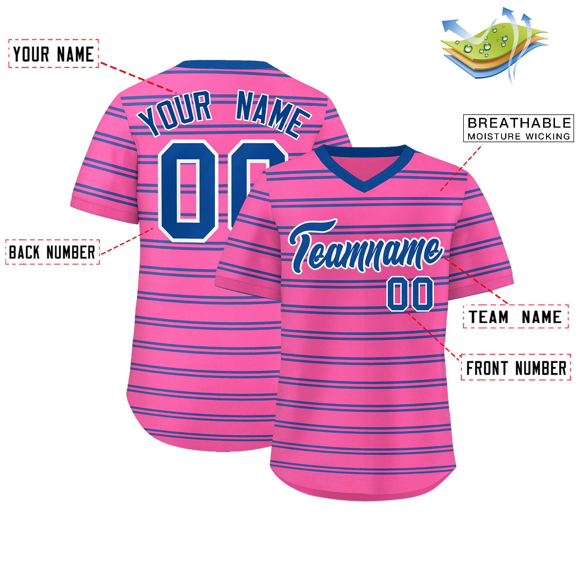 Custom Pink Royal Personalized Horizontal Stripe Authentic Pullover Baseball Jersey