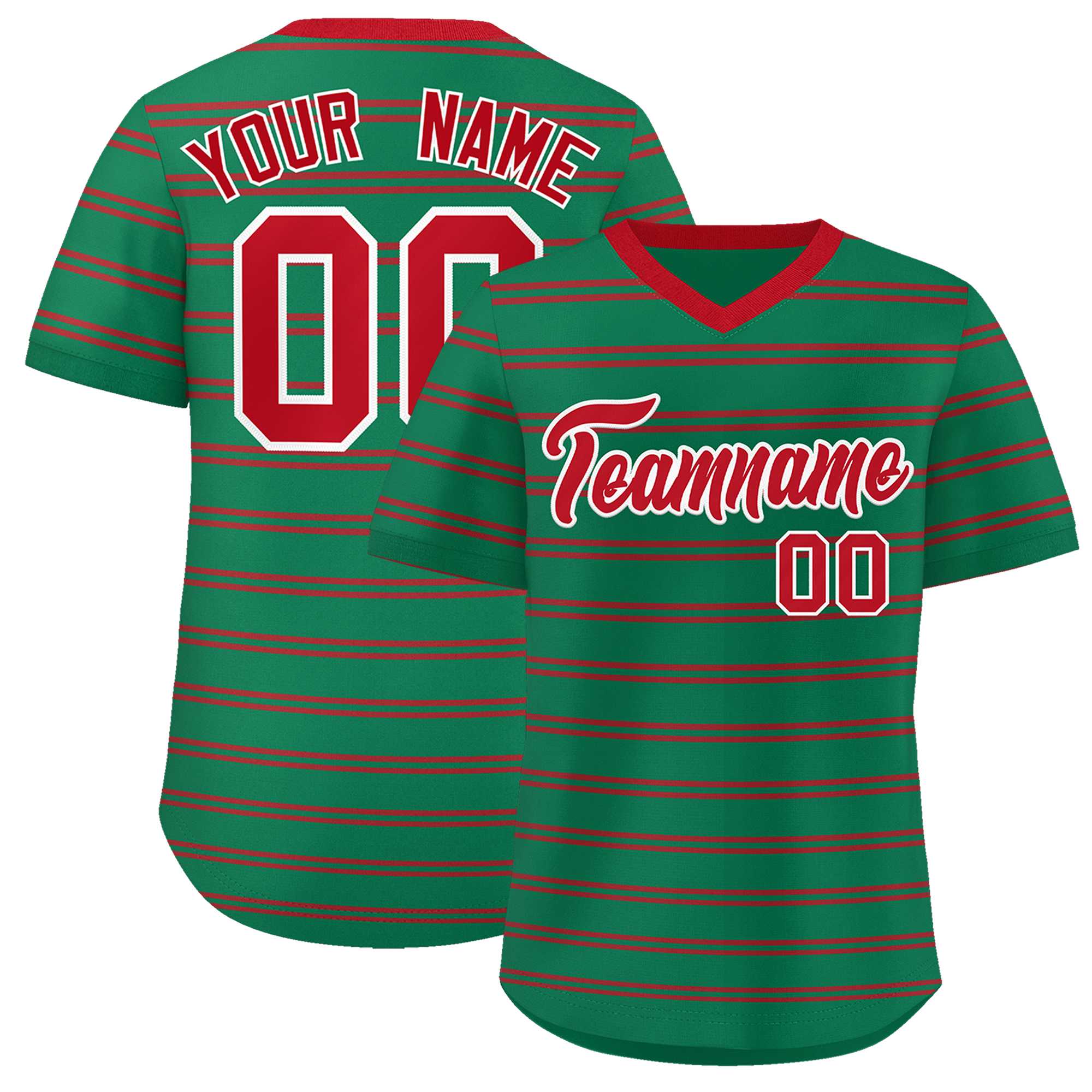 Custom Kelly Green Red Personalized Horizontal Stripe Authentic Pullover Baseball Jersey